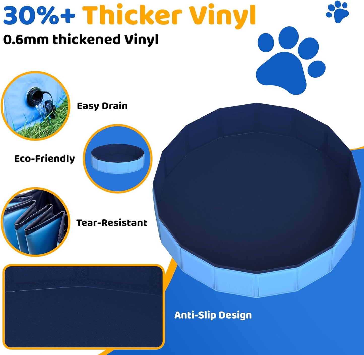 63" x 12" Foldable Dog Pool - Collapsible Hard Plastic Kiddie Pool for Dogs & Kids, Non-Slip Pet Bath Tub for Outdoor Backyard Use, Lightweight & Portable (Blue)