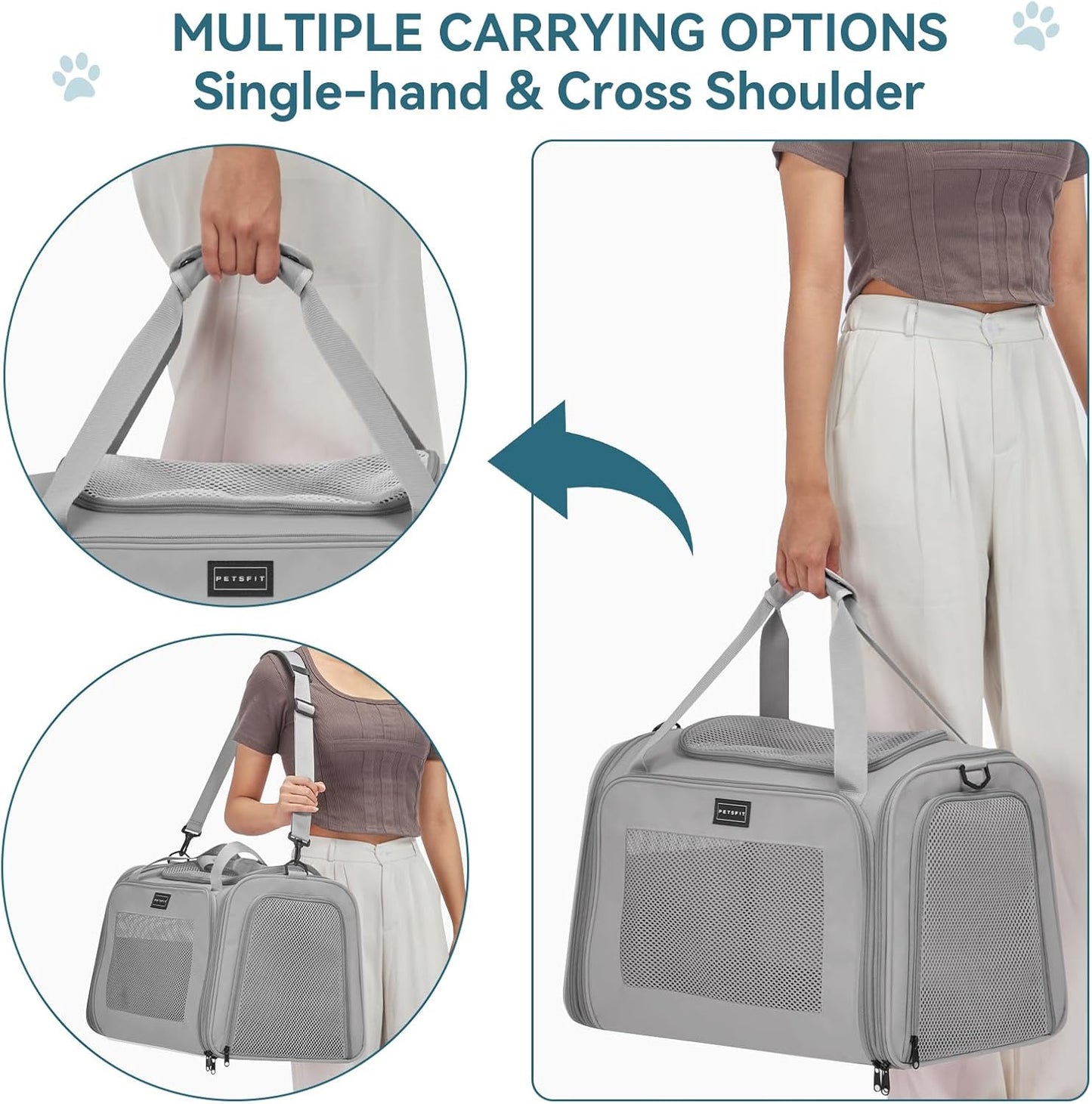 PETSFIT Dog Carrier Cat Carriers for Puppies, Medium Cats up to 25Lbs, Travel Soft Sided Pet Carrier (Large, Grey)