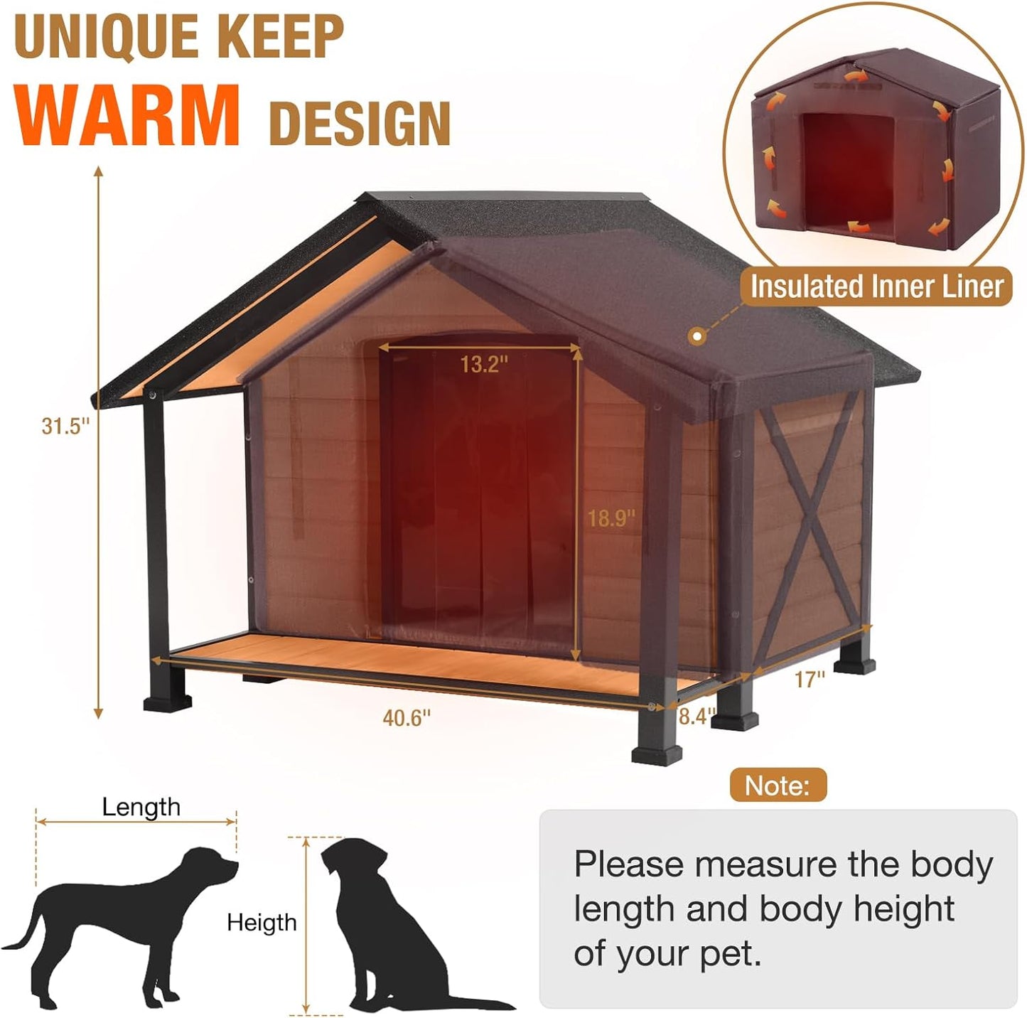 Outdoor Dog House Insulated Large Dog Kennel with Liner for Winter, Heated Dog House 100% Insulated & All-Around Iron Frame