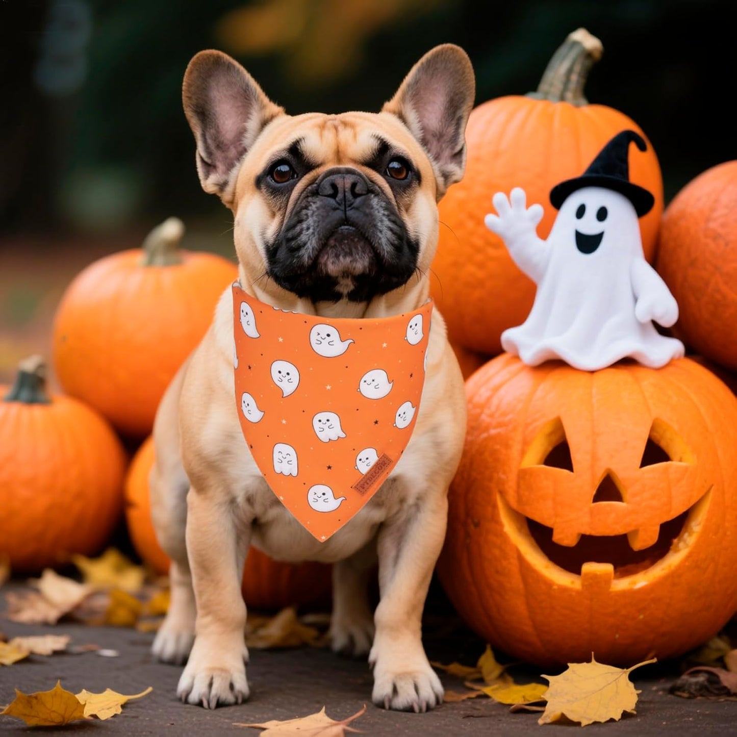 PTDECOR Halloween Dog Bandana, Cute Ghost Pumpkin Design Reversible Holiday Pet Scarf, Adjustable Orange Yellow Halloween Bandanas for Medium Large Dogs Pets (Large)