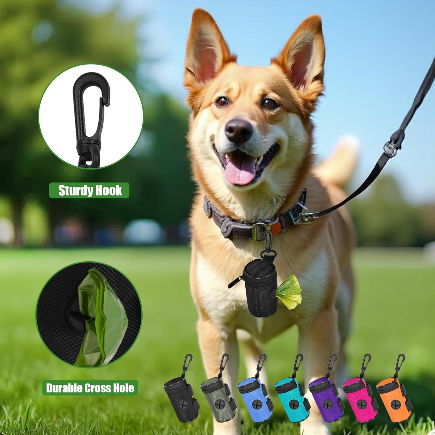 Dog Poop Bag Holder for Leash Attachment - Waste Bag Dispenser for Leash - Fits Any Dog Leash - Portable Set with Hand Free Holder Metal Carrier, Black Round Shape