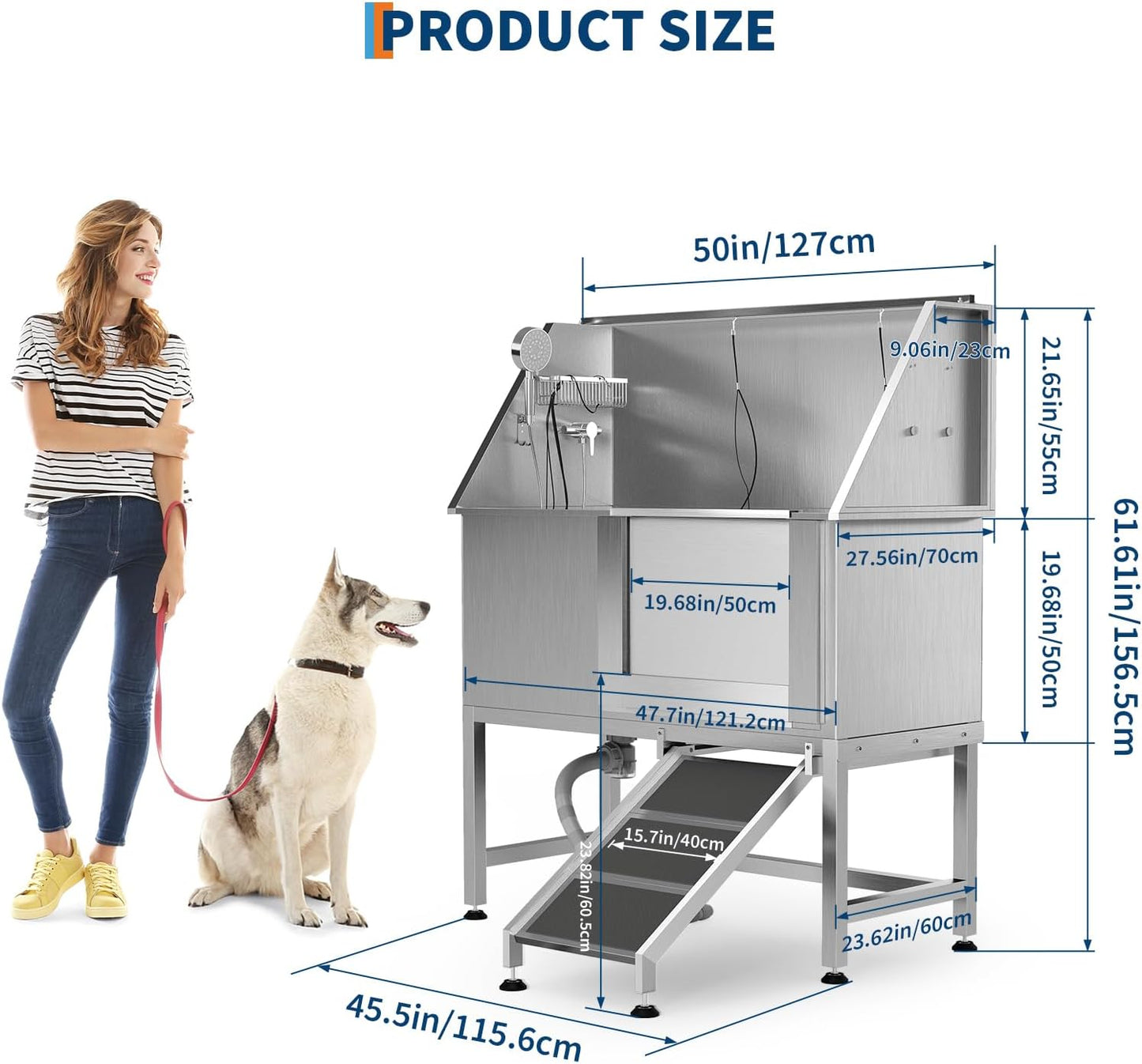 50" Stainless Steel Professional Dog Washing Station - Pet Bathing Tub w/Non-Slip Ramps | Slip-Resistant Floor Grate | for Large/Medium/Small Dogs