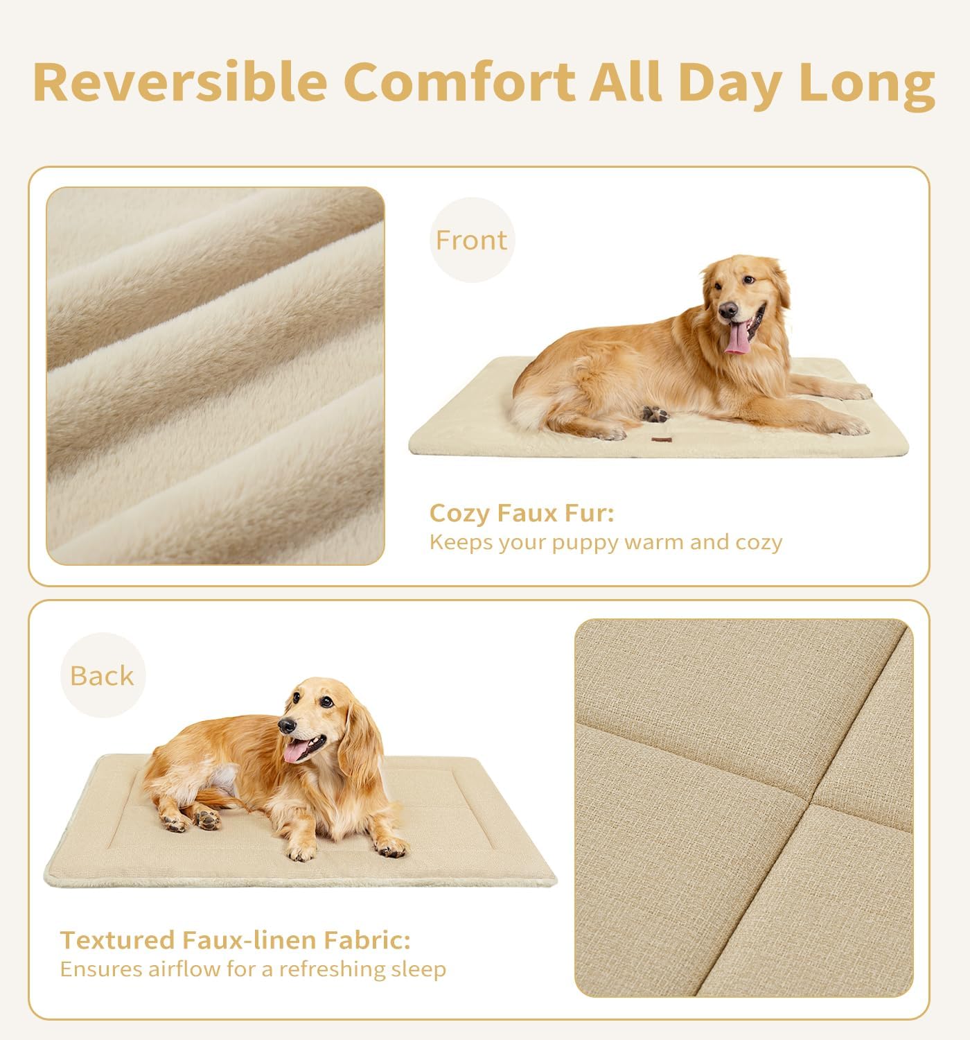 Made4Pets Dog Crate Pad Bed for Extra Large Dogs, Washable & Reversible, Anti-Slip Kennel Mat for Cozy Sleeping, Soft Fluffy Dog Bed for Indoor & Outdoor Use, 48"x30", Beige