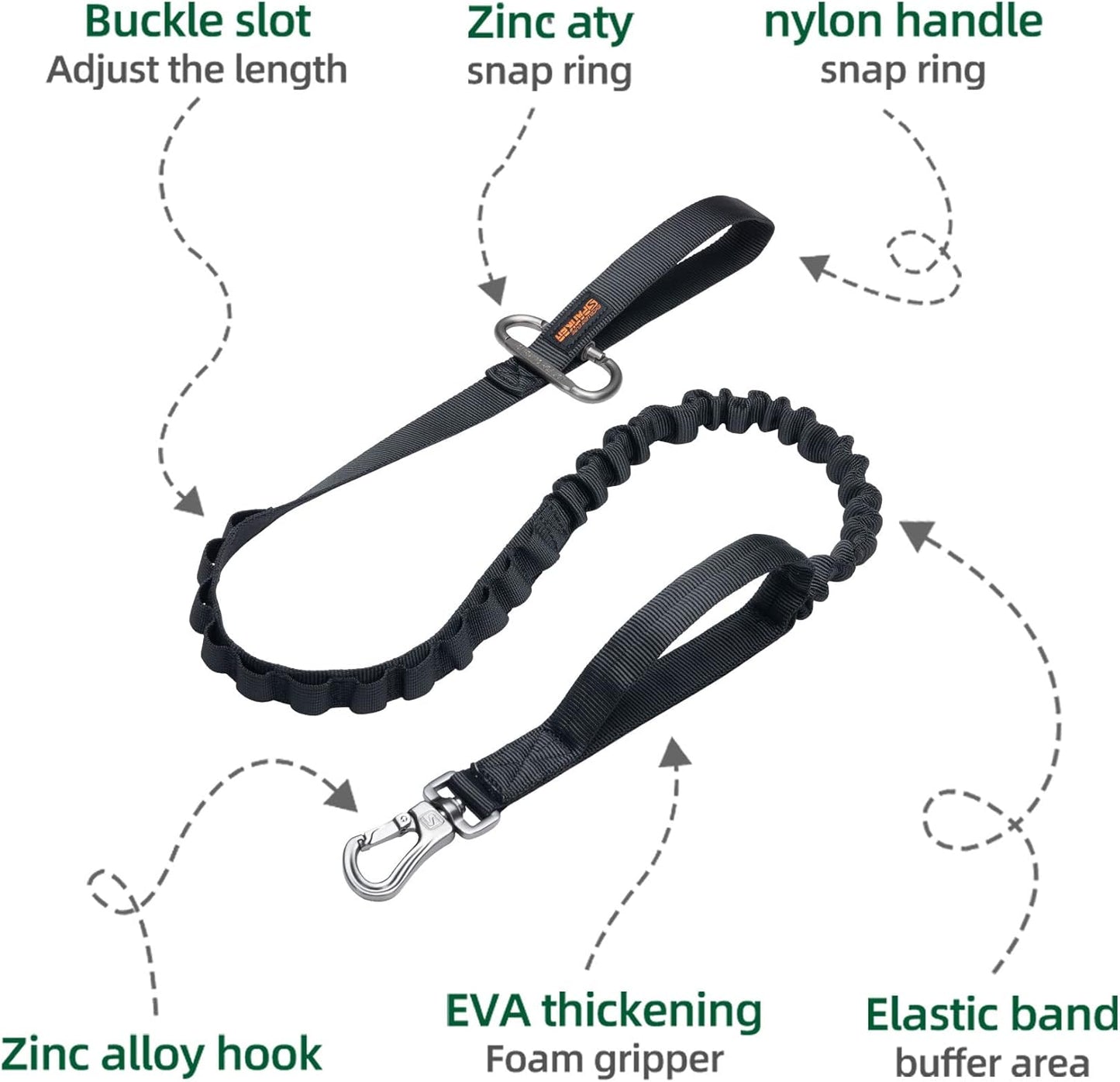 EXCELLENT ELITE SPANKER Tactical Bungee Dog Leash Military Adjustable Dog Leash Quick Release Elastic Leads Rope with 2 Control Handle(Black