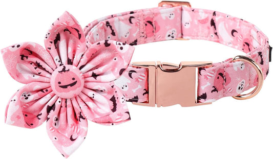 Lionet Paws Halloween Dog Collar With Flower - Cute Fall Pink Adjustable Cotton Pumpkin Ghost Pet Collar for Small Girl Puppies