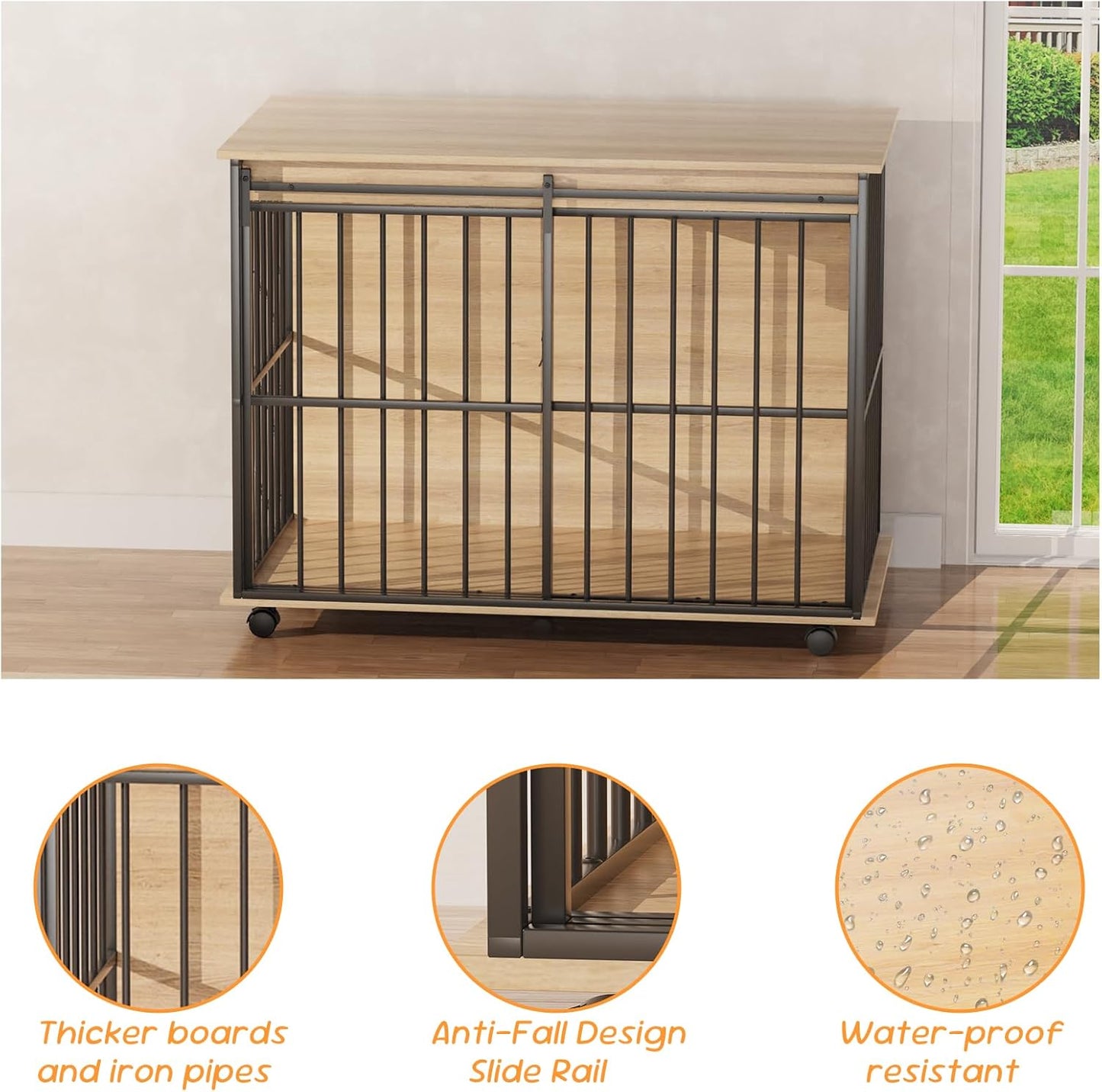 43.7" Dog Crate Furniture, XL Dog Crate Dog Kennel Indoor with Wheels for Large Medium Small Dogs, Wooden Dog Kennel End Table with Sliding Door Wooden Furniture Crates for Living Room, Bedroom