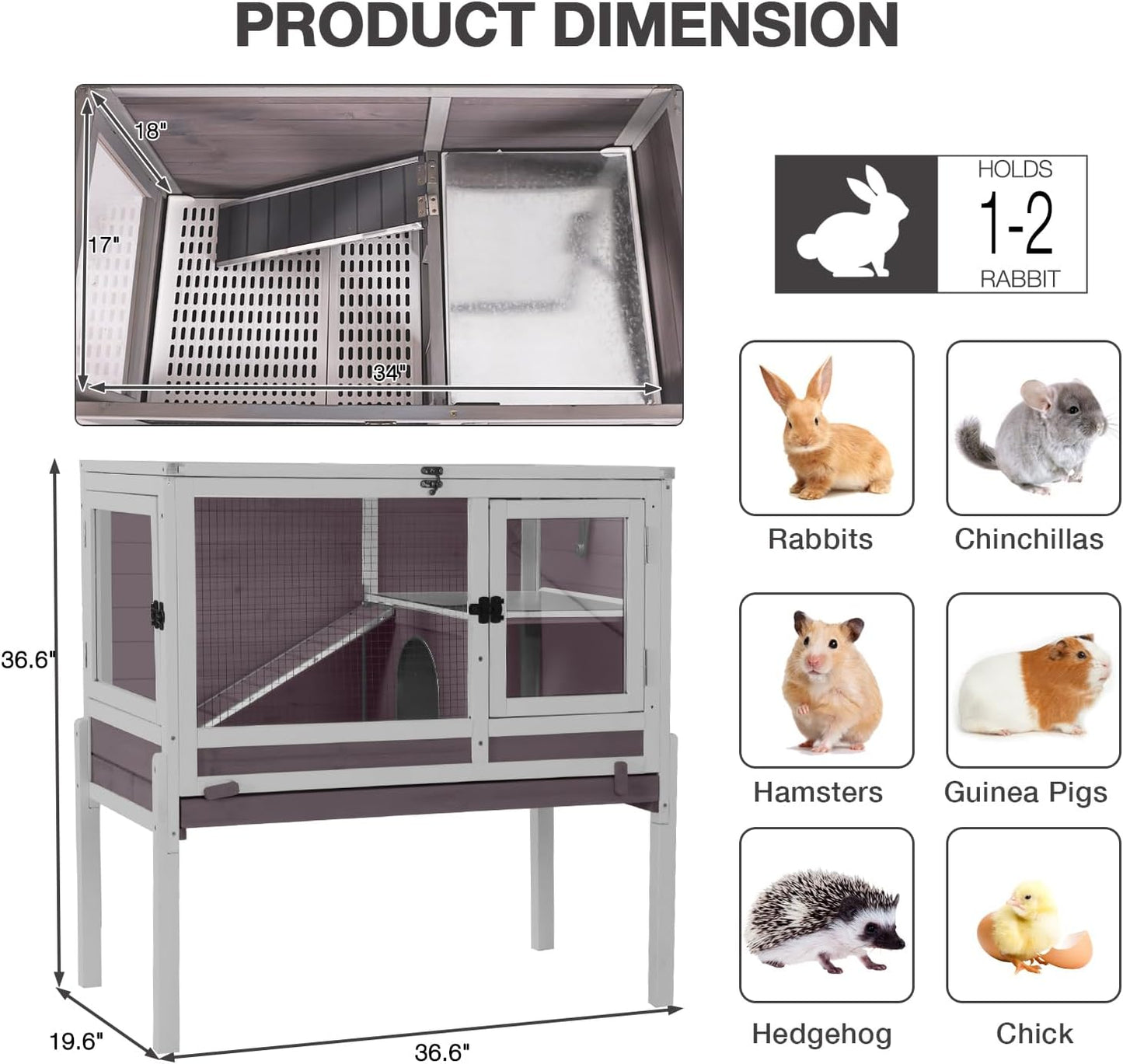 Guinea Pig Cage Indoor with Wheels Rabbit Hutch with Removable Proof Tray and Cool Zinc Plate Chew-Resistant Metal Frame Hamster Cage with Elevated Legs 36.6" L（Grey）
