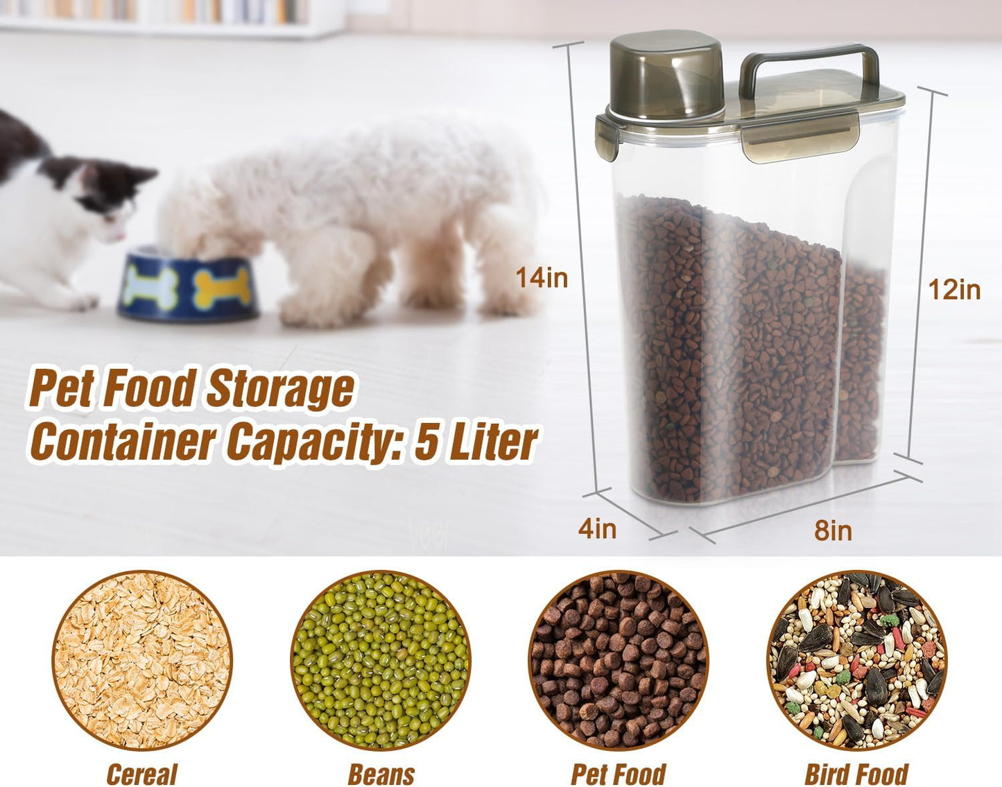 TBMax Dog Food Storage Container, Large Airtight Cat Food Container with Bigger Spout and Cup, Portable Travel Pet Food Storage Dispenser for Small Animal Kibble Storage, Bird Seed Container
