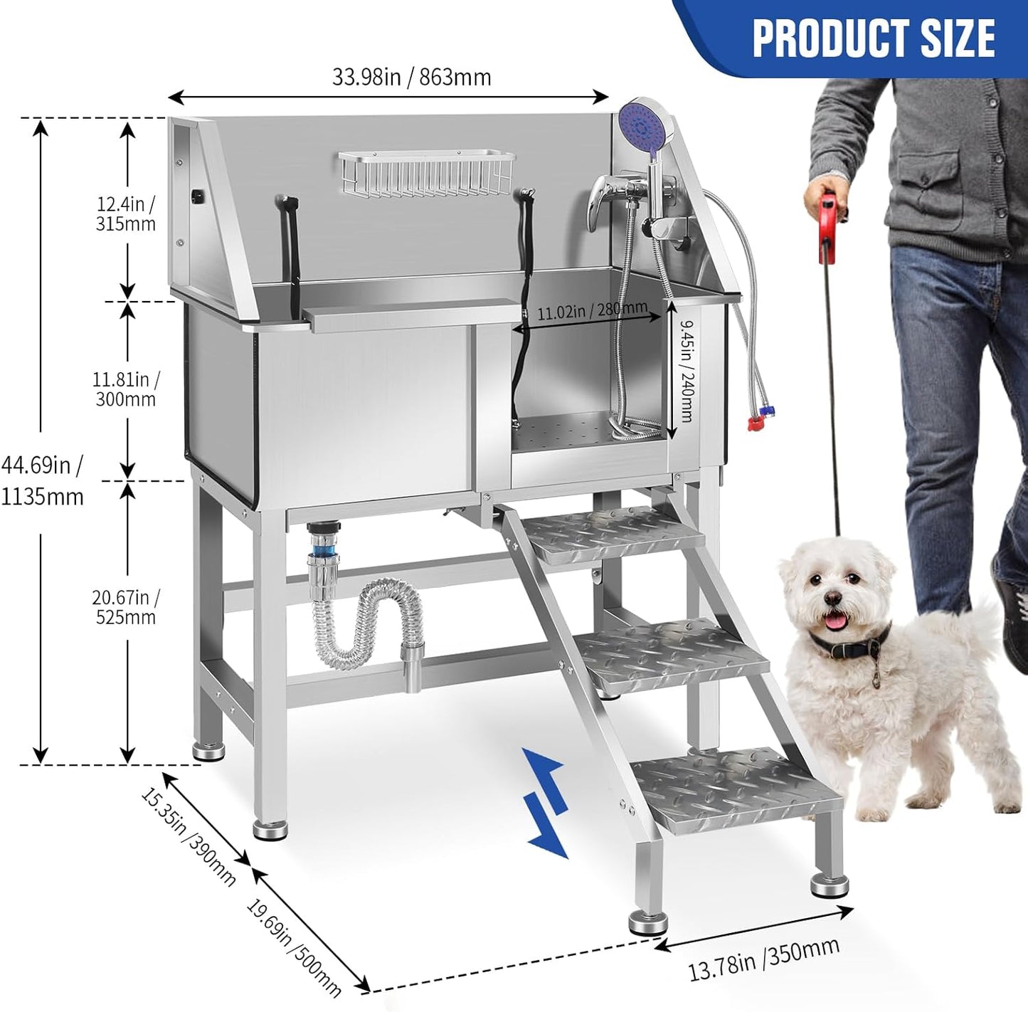 Professional Stainless Steel Dog Grooming Bathtub Station Wash Shower Sink with Faucet Walk-in Ramp and Accessories Pet Grooming Bathtub Station,34" R-RAMP