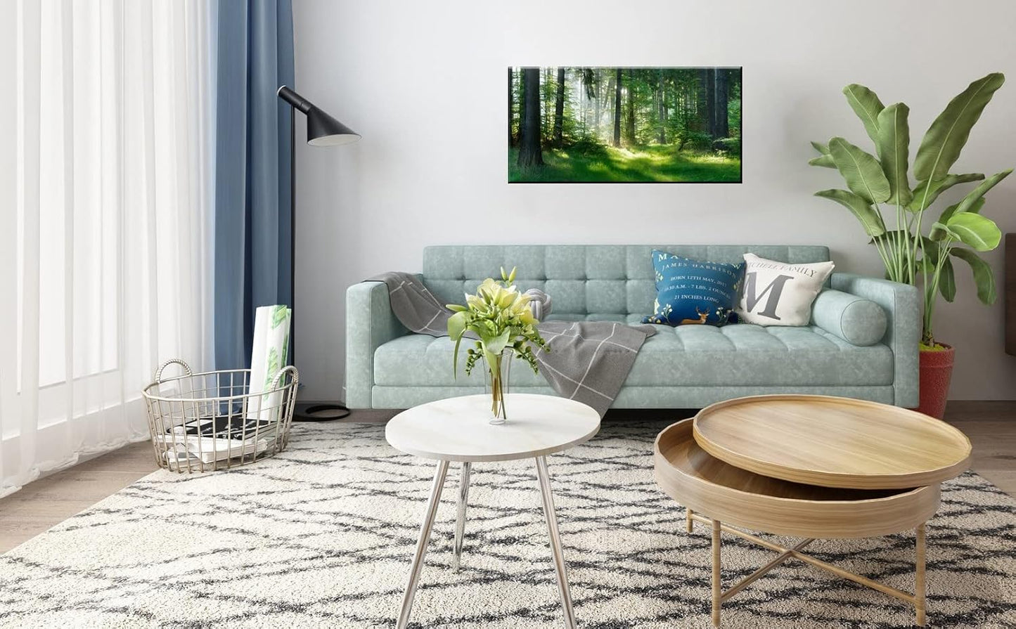 Morning Sunlight Forest Large Stretched Canvas Wall Art for Living Room Bedroom Home,Mordern Woods Scenery Picture Print Painting Decor Artwork,Green Landscape Gallery Wrapped Gift,Inner Frame(24x48)