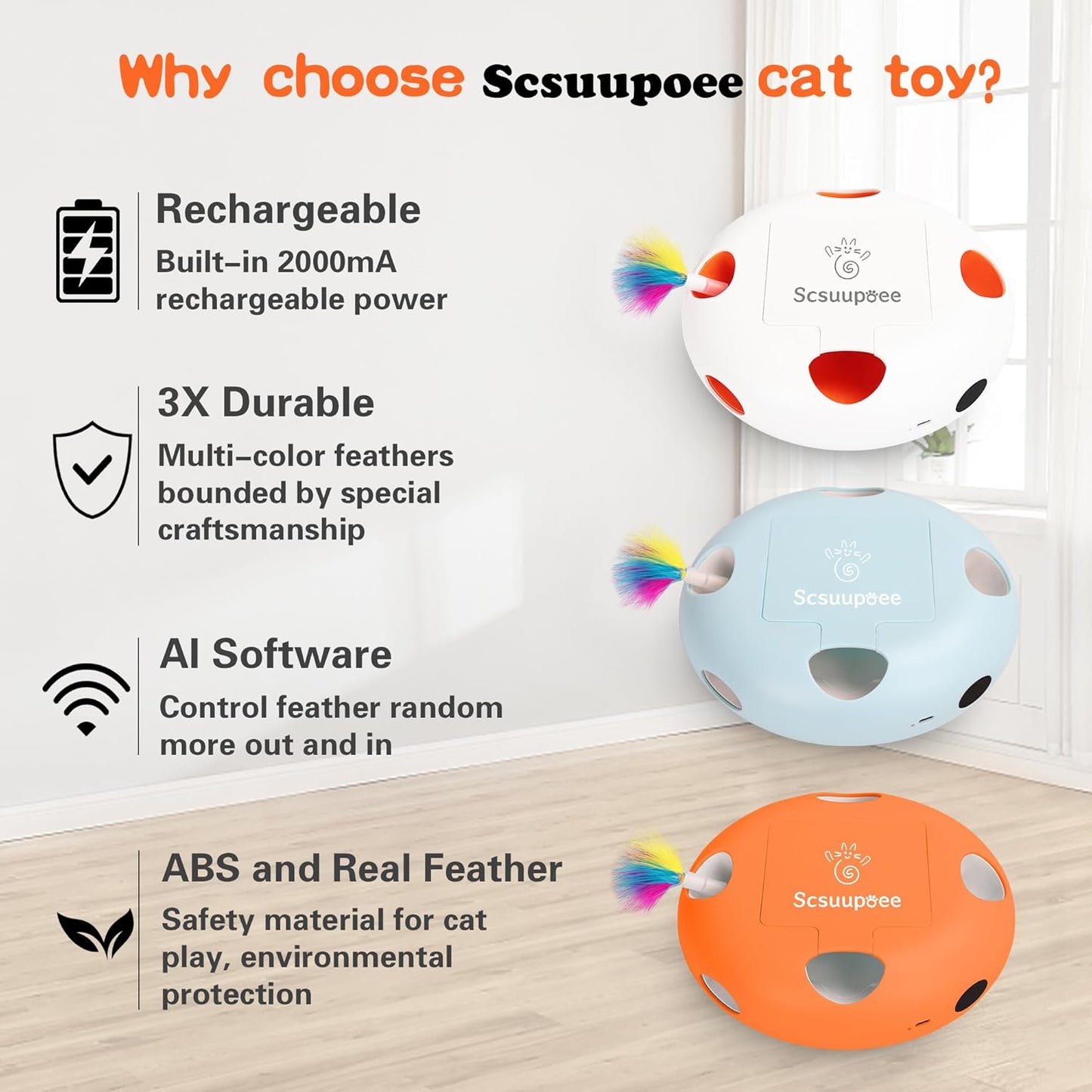 Interactive Cat Toy, Electric Cat Toys for Moving Concealed Feathers, Smart Sensor 7 Holes Whack a Mole Feather Toy, USB Charge Automatic Kitten Toys,Orange
