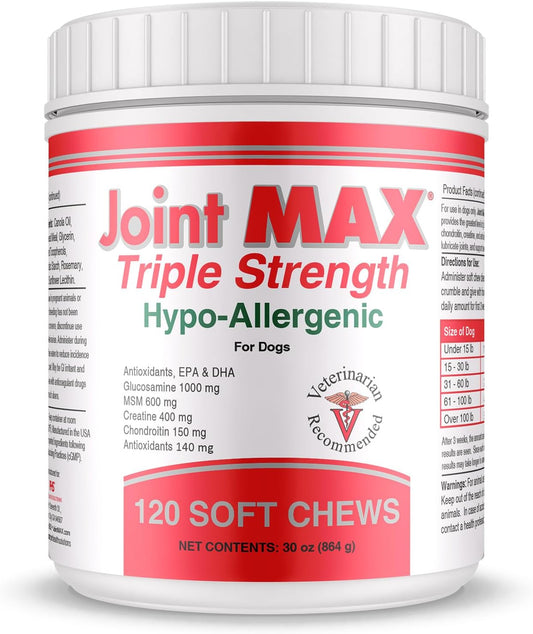 Triple Strength Hypo-Allergenic Soft Chews for Dogs - Hip and Joint Support Supplement with Glucosamine, Chondroitin, & MSM - Made in The USA - 120 Soft Chews