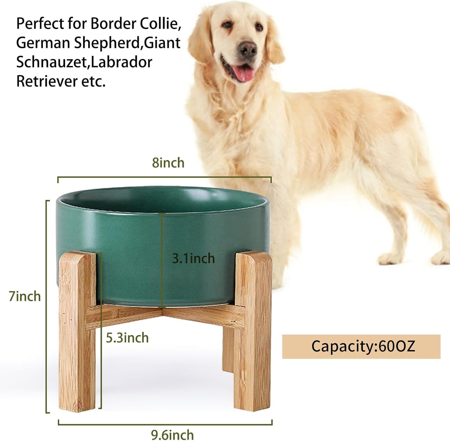 Petygooing Green Elevated/Raised Ceramic Dog Bowl for Medium and Large Breeds, Dog Food Water Dish with Stand,Pet Feeding Bowl with Anti Slip Rubber Large Dogs(1800ml 7.6 Cups)