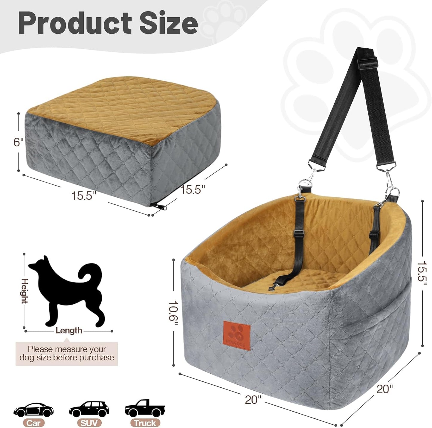 Dog Car Seat for Small Medium Dogs, Memory Foam Booster Car Seat for Dogs up to 35 lbs, Elevated Pet Car Seat, Travel Safety Bed with Washable Removable Cover and Storage Pockets(Gray/Coffee)