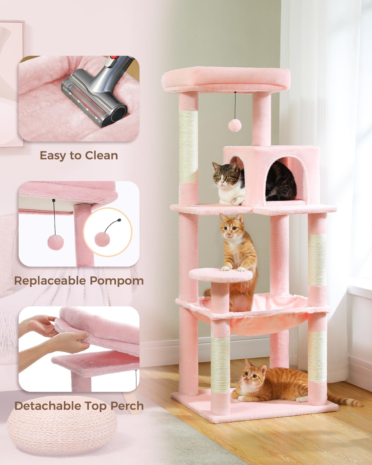 Cat Tree for Large Cats Adult with Metal Plush Big Hammock, 56.3" Cat Tower with 2 Door Condo House, 6-Tier Cat Shelves with Scratching Posts and Large Top Perch, Light Pink