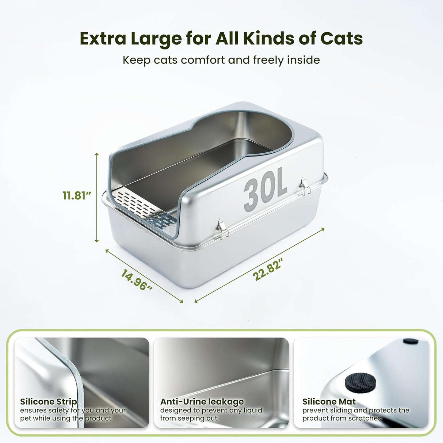 Cattasaurus 100% Stainless Steel Litter Box Enclosure for Large Cats 30+ lbs, Odor-Free & Easy to Clean, Multi Cat Litter Box with Cover, Long-Lasting XL Metal Litter Box with High Side, Scoop & Pedal