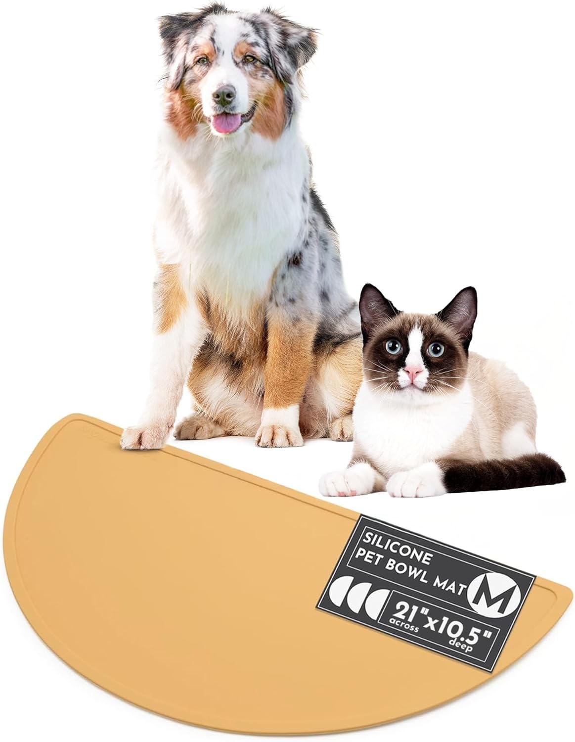 Waterproof Silicone Pet Food Mat - Non-Slip, Spill-Proof Feeding Mats for Floors, Raised Edge Design, Easy-to-Clean Rubber Mat for Dog & Cat Bowls, 21" Across x 10.5" Deep, Medium-Honey