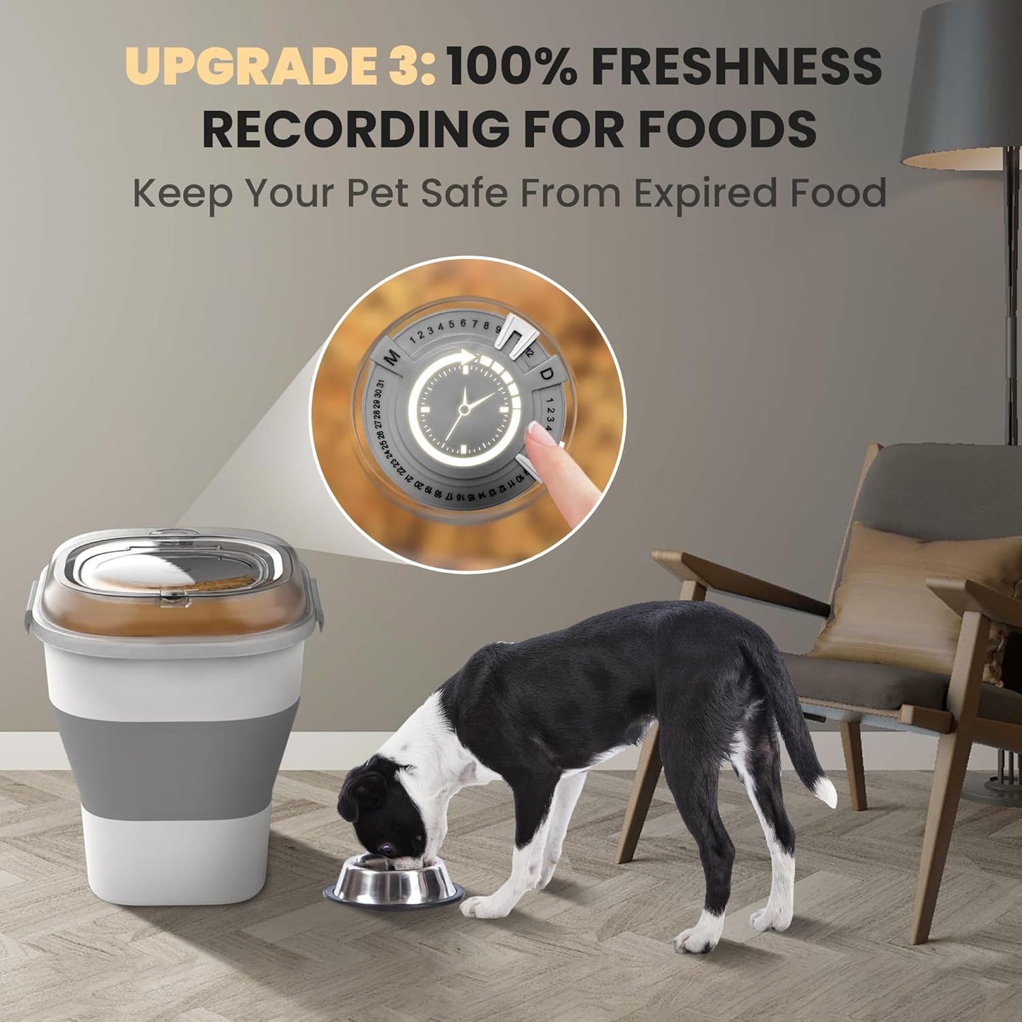 32-35 Lbs Dog Food Storage Container,Collapsible Dog Food Container with Transparent Airtight Lid,Wheels,Date Track,Pet Food Storage Container for Rice,Flour,Sugar,Scoop And 2PCS Containers