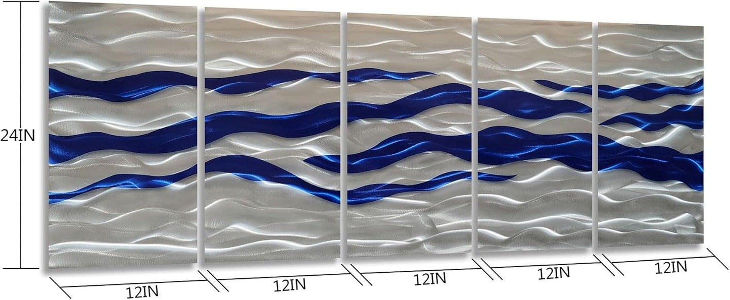 SYGALLERIER Abstract Coastal Metal Wall Art Handcrafted Big 3D Blue and Silver Artwork Modern Sea Waves Pictures Contemporary Sculpture for Living Room Bedroom Bathroom Decor