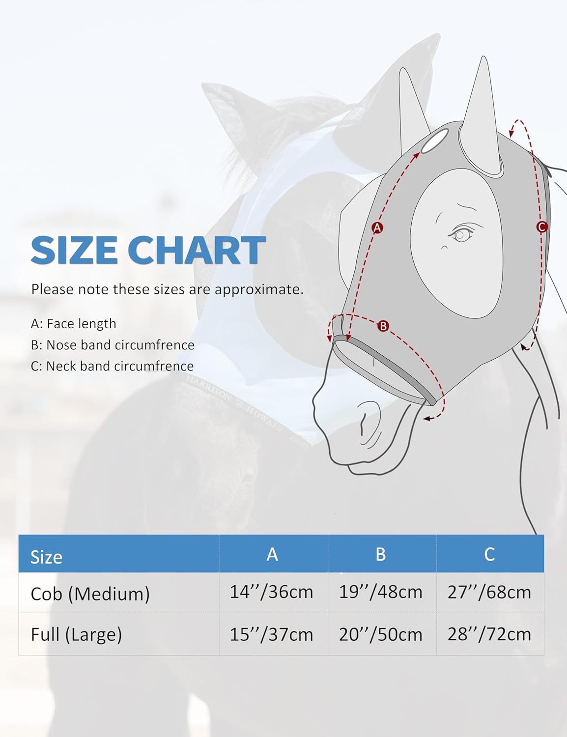 Harrison Howard Horse Fly Mask with Forelock Opening Stretch Breathable and Comfortable for Horses UV -Protection Ice Blue M