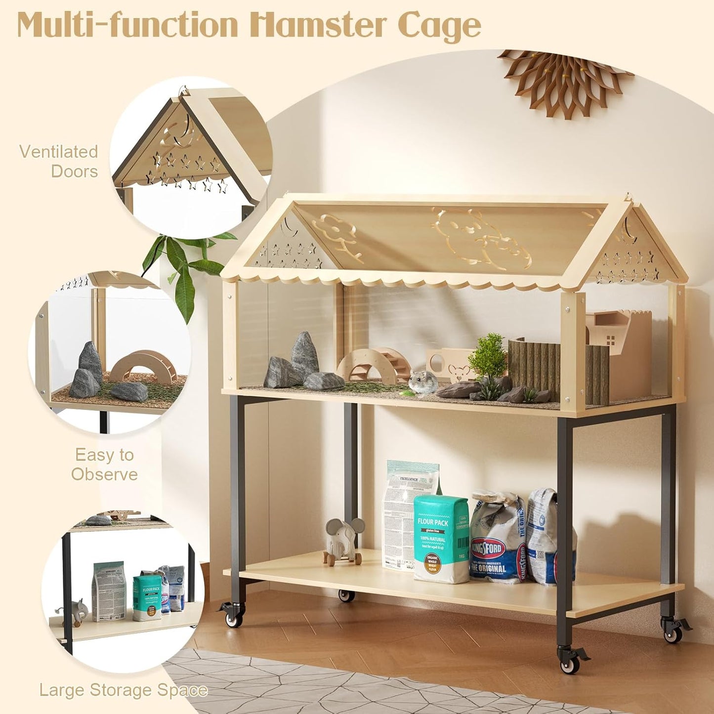 31inch Hamster cage Wooden with Acrylic, Dwarf Hamster cage, Small Animal Habitat with Openable Top, Mouse cage for Guinea Pigs, Chinchillas, Gerbil, Syrian Hamster (31inch with Storage Shelf)