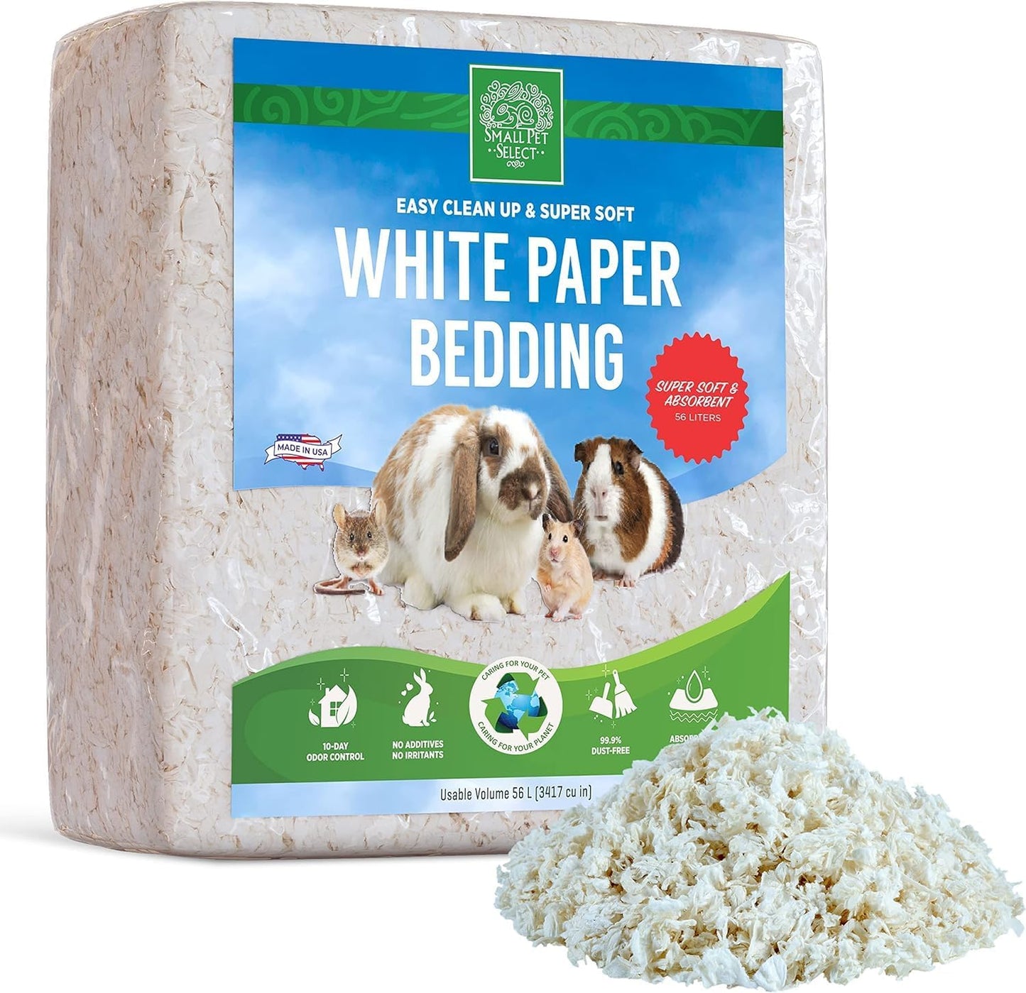 Small Pet Select White Paper Bedding 56L, Litter for Rabbit, Guinea Pig, Hamster, Bunny and Other Small Animals, Made in USA, 56L