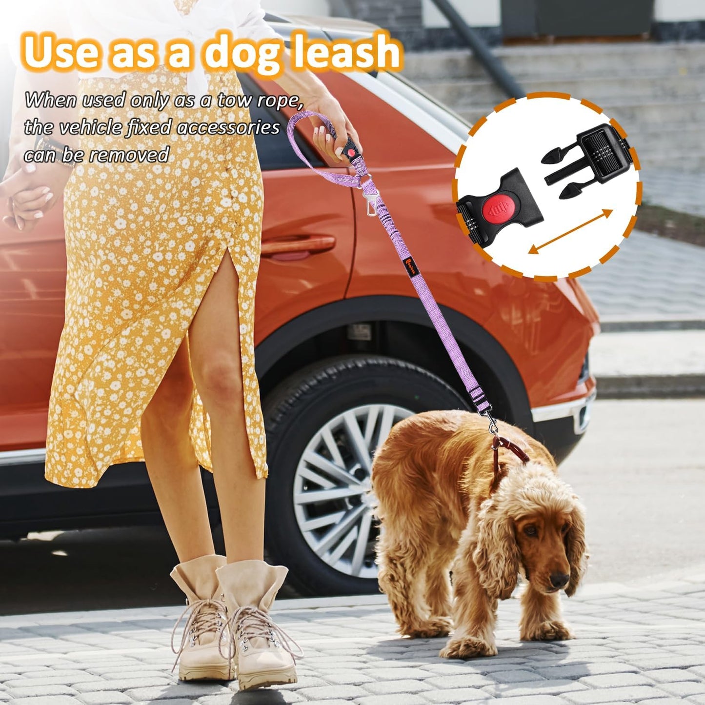 Removable Dog Seat Belt Harness for Car, 3 in 1 Pet Dog Car Seatbelt Leash, Retractable Restraint Secures to Vehicle Headrest & Adjustable Reflective Bungee Dog Seatbelt Tether, Purple and Black