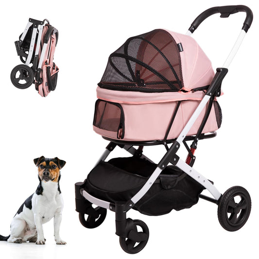 Pet Stroller for Medium Small Dog & Cat, Foldable Lightweight Dog Stroller with Storage Basket Pet Travel Carriage with Safety Leashes, 4 Wheel, Pink