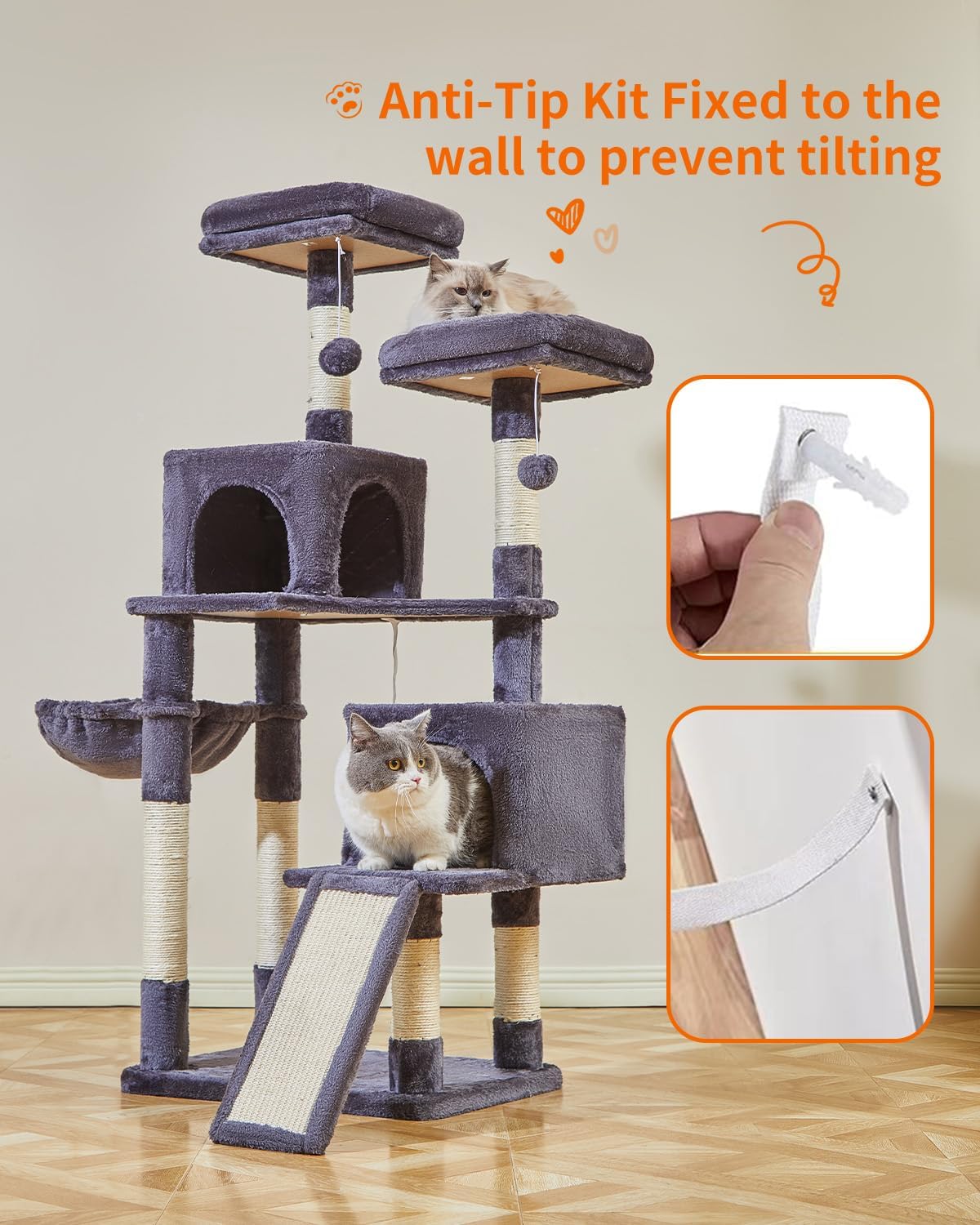 Taoqimiao 56.3-Inch Cat Tree, Cat Tower with Scratching Posts, Cat Tree House for Indoor Cats with hammocks, Toys, Condo and Large Scratch Board, Smoky Gray MS012G