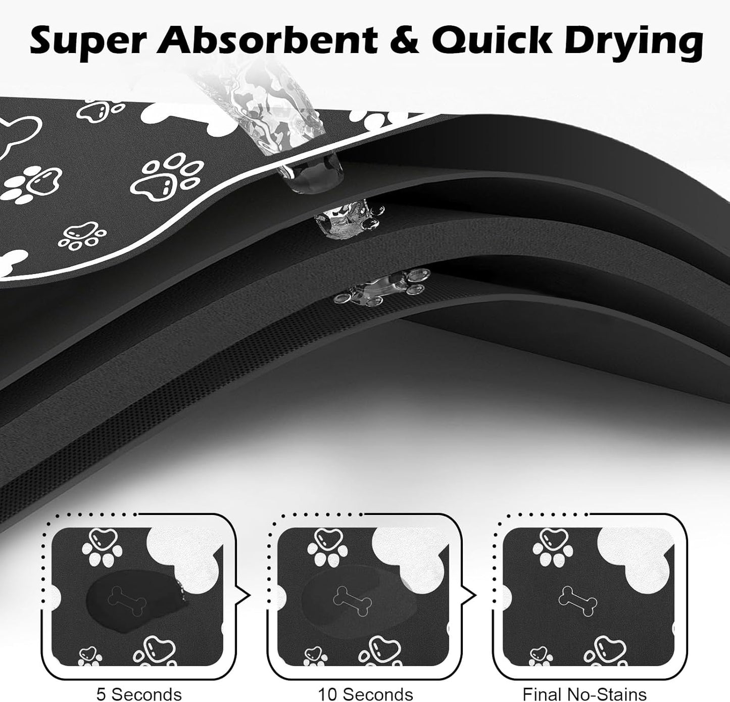 Dog Cat Food Mat,Rapid AbsorbentPet Feeding Mat, Bone Shaped Dog Placemat Water Bowl Mat with Rubber Backing,No Stains Dog Cat Food Mats Indoor, Pet Accessories Supplies 12""x18"" Black