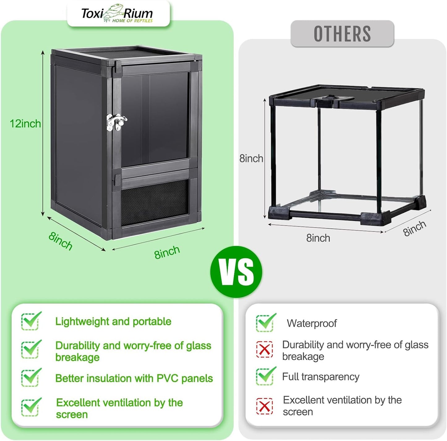 8" x 8" x 12" Small Reptile Cage Hatching Habitat, Screen & Acrylic Doors, Ventilated Terrarium for Lizards, Snakes, Frogs, Easy Assembly, Two Doors