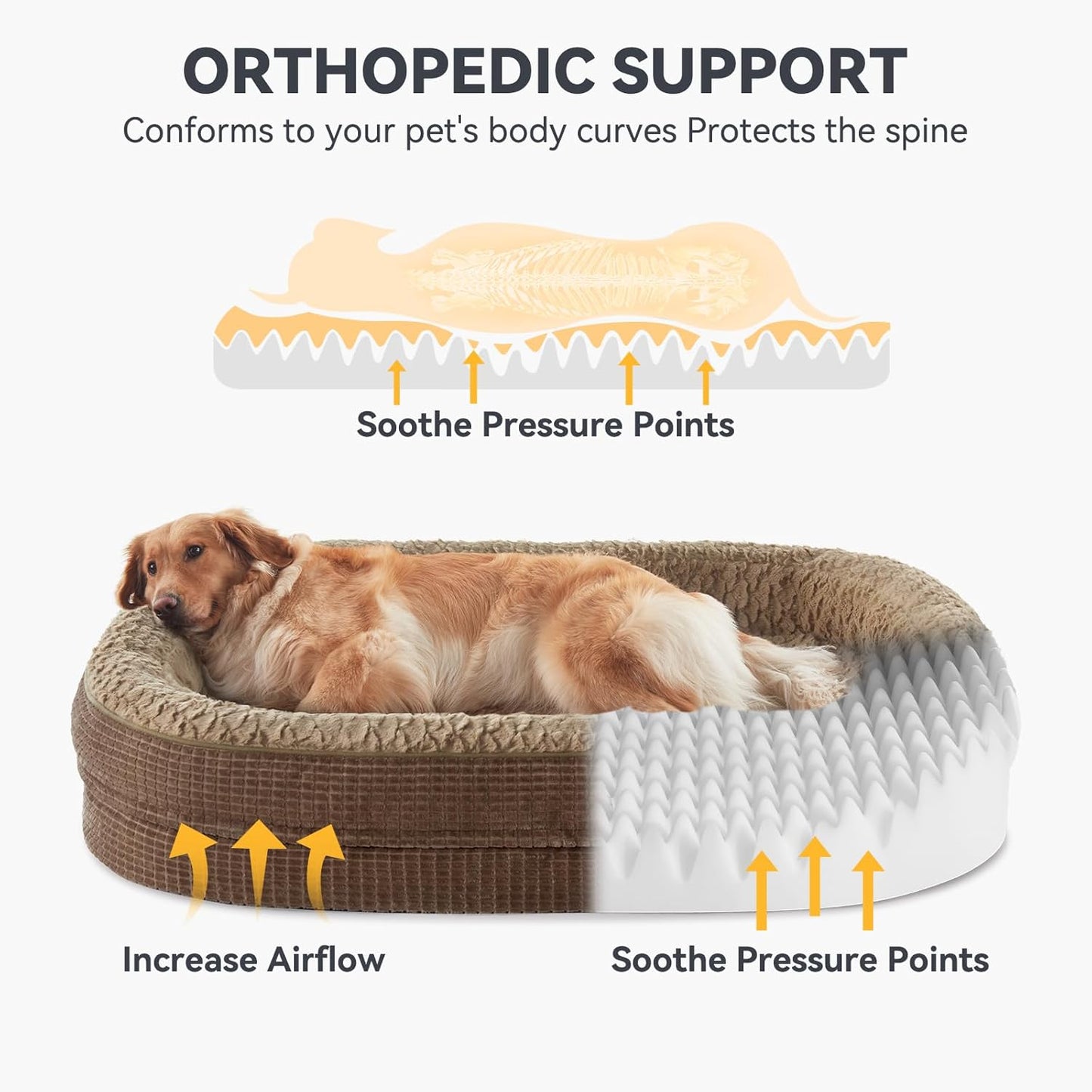 JOEJOY Orthopedic Dog Beds Large Sized Dog, XL Egg-Crate Memory Foam Pet Couch Bed with Bolster Sides, Waterproof Lining, Removable Washable Cover & Non-Slip Bottom, Brown