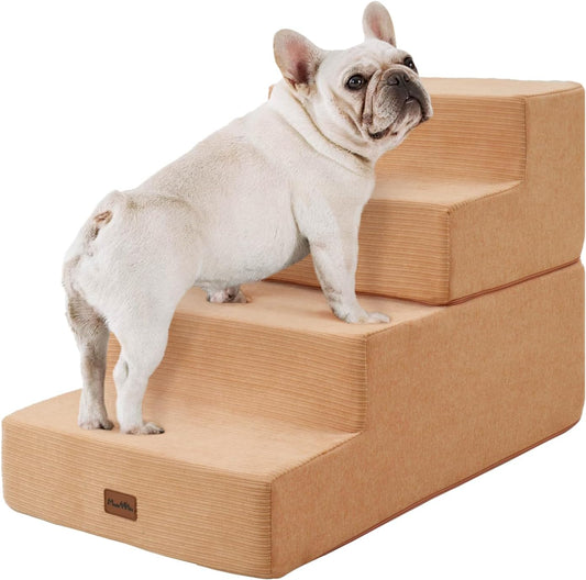 Made4Pets Dog Steps for Bed, Extra Wide Dog Stairs for High Bed Couch Sofa, 35D Foam Pet Steps for Small Dogs and Cats, Non-Slip Bottom Pet Stairs, Tan, 4 Steps