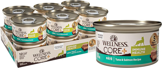 Wellness CORE+ Immune Health Pate Adult Wet Cat Food, Natural, Protein-Rich, Grain Free, 2.8 Ounce, 12 Pack (Tuna & Salmon)
