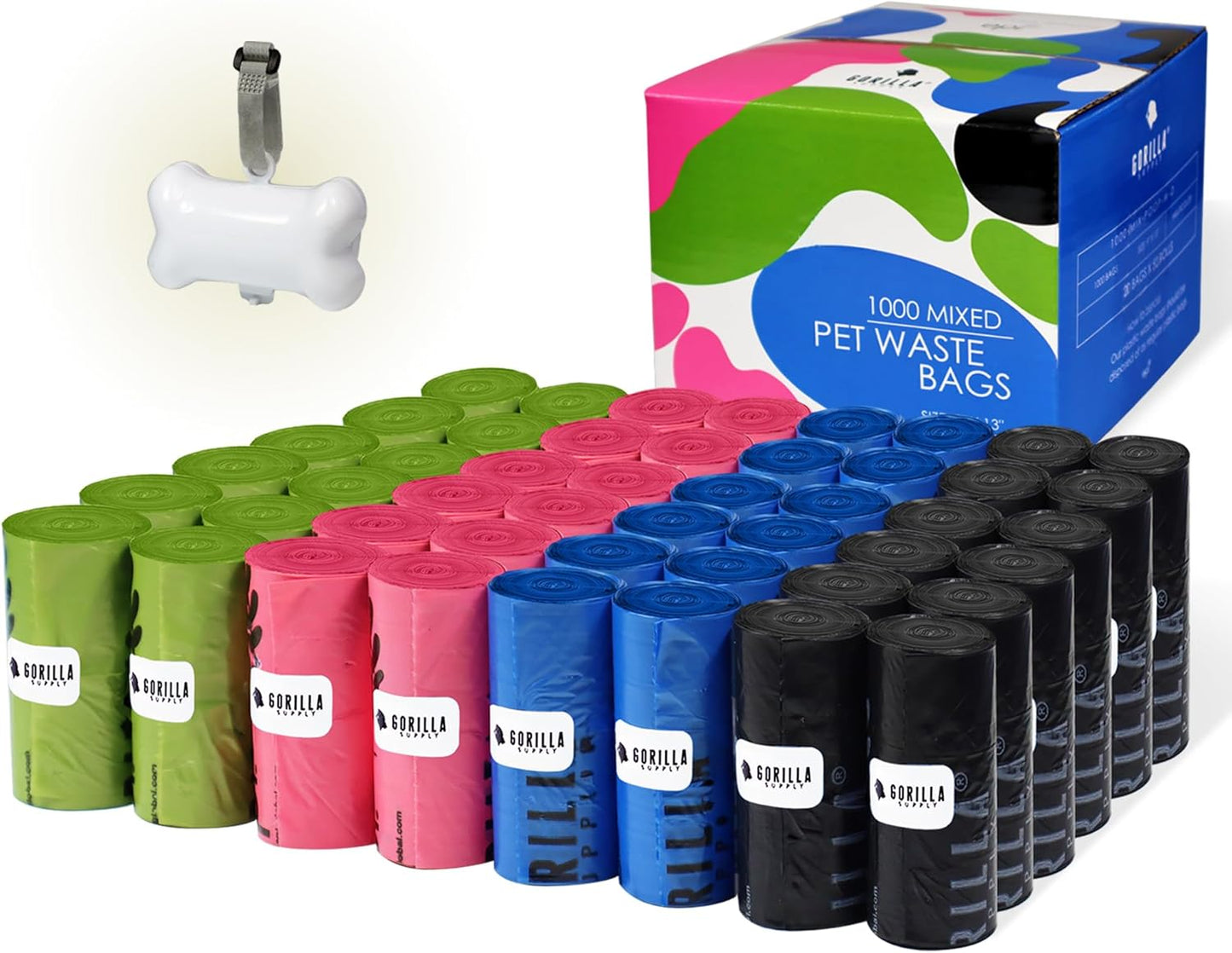 GORILLA SUPPLY 1000 multicolor poop bags for dogs with Dispenser and Leash Tie, 9" x 13", Mixed