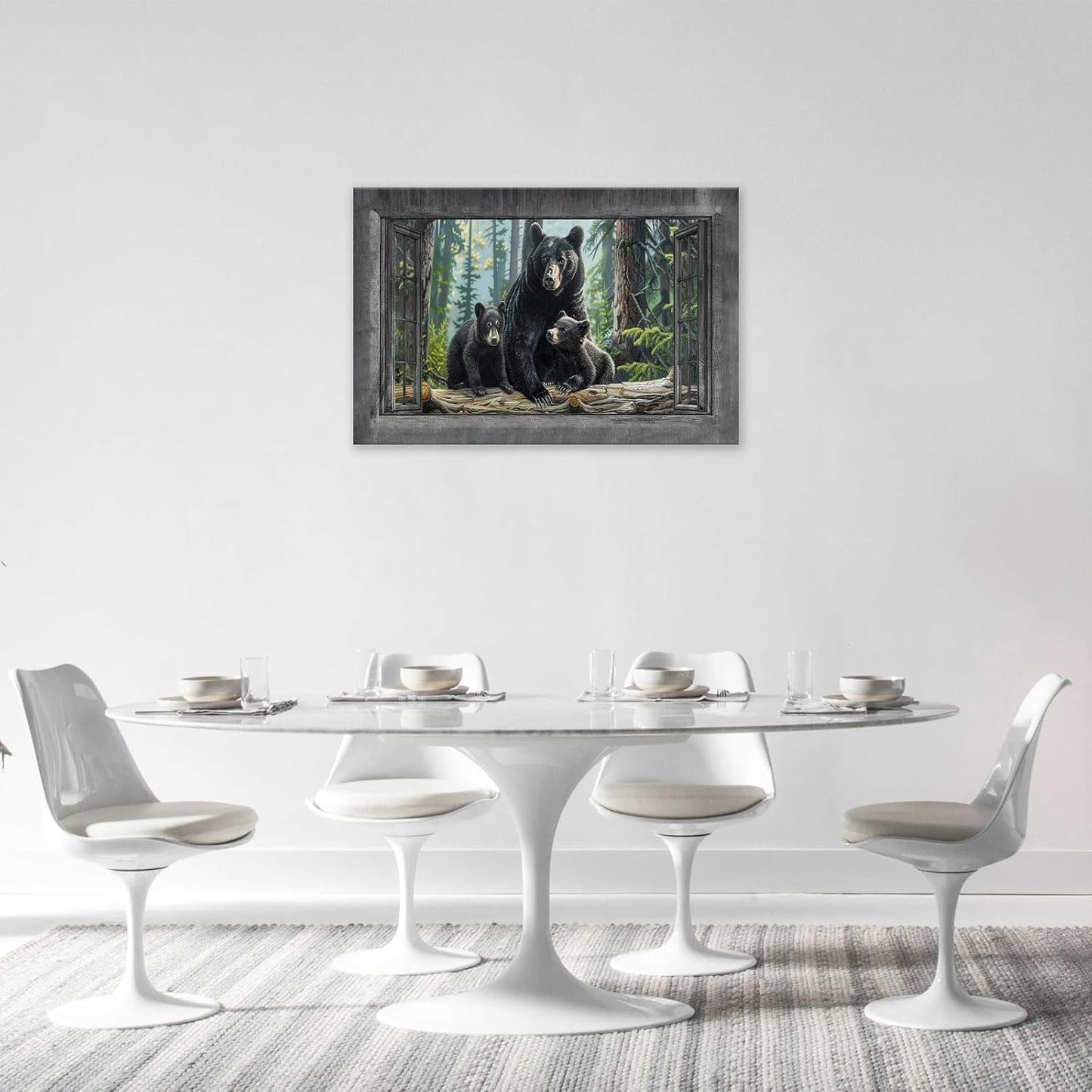 Black Bear Wall Art Forest Window Canvas Cabin Living Room Pictures Prints Animal Wall Decor Painting Artwork for Bedroom Dining Office Home 24"x16"