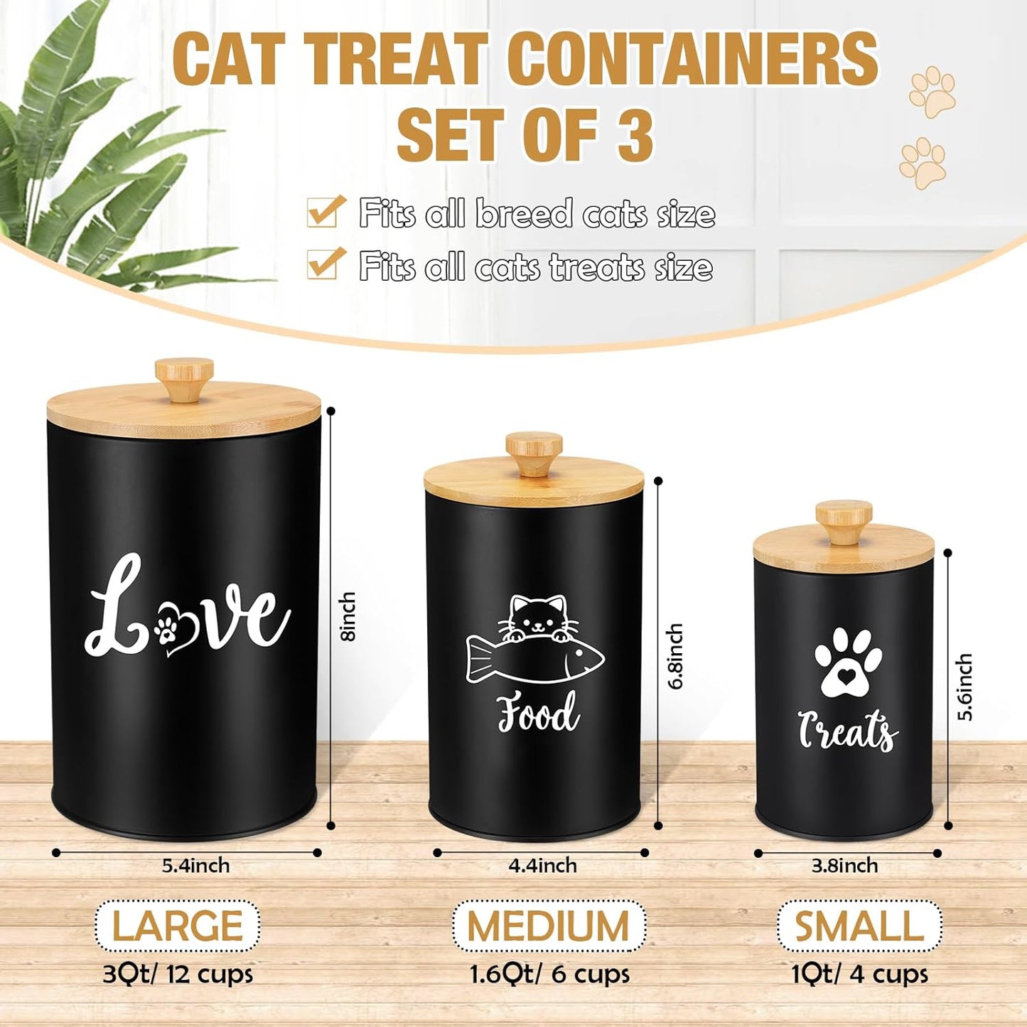 Metal Airtight Cat Treat Container Set of 3 with Bamboo Lids and Spoon Cat Food Storage Container with DIY Labels Pen Pet Cookie Snack Food Storage Organizer Jars for Kitchen Counter(Black)