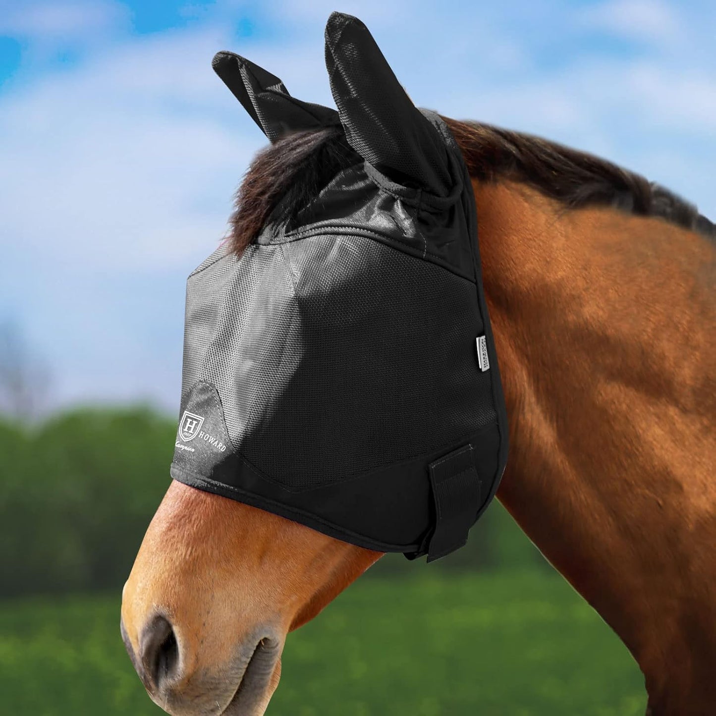 Harrison Howard UV-proof Multi-Function Fabrics Thick Fleece Padding Horse Fly Mask Half Face with Ears Black Warmblood Extra Large