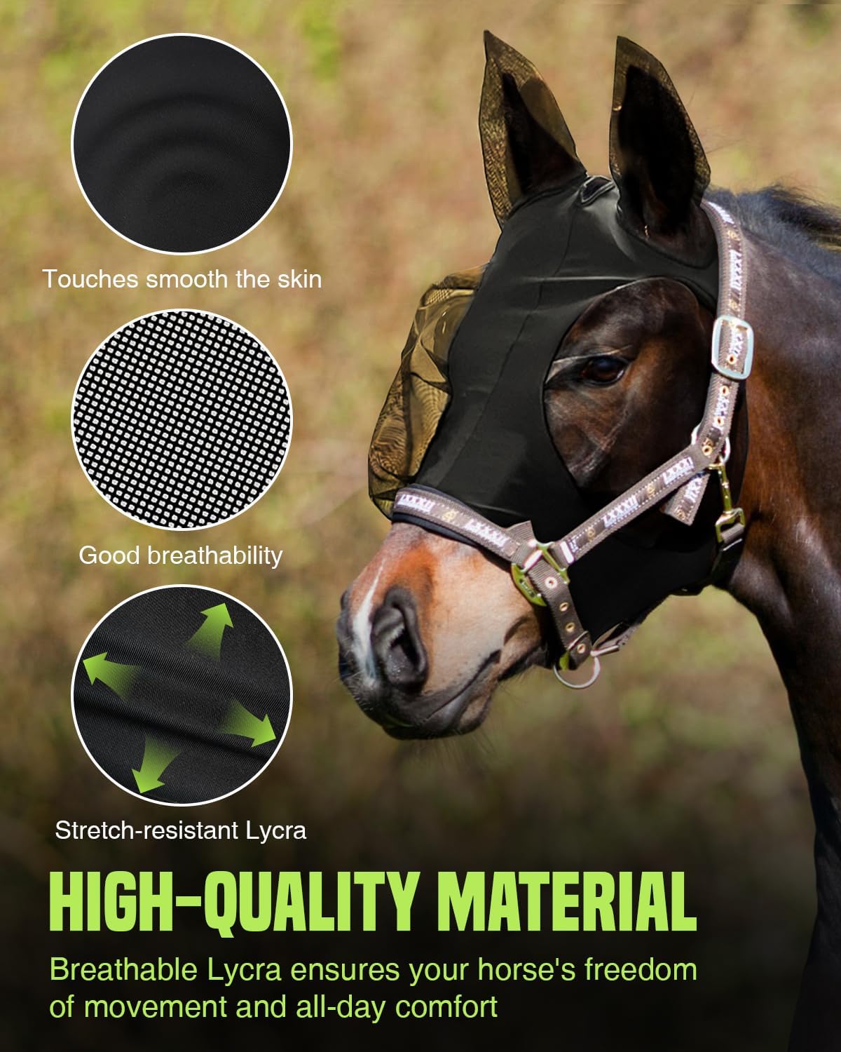 JWODVNTH Fly Masks for Horses with Ears - Large Eye Space, Comfort, UV-Block - Horse Fly Mask for Daily Stable, Hot Weather Riding, and Competition - Pony, Black