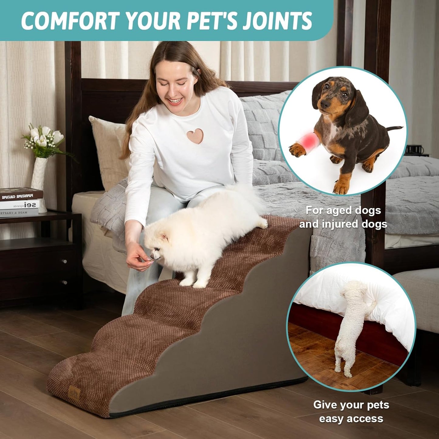 Dog Stairs for High Bed 22.6" H, Small Dog Step for Puppy, Older or Cat, Curved Ramp for Car, Ladder with High Density Foam, Lightweight, Durable, 15.7x33x22.6 inch, 5 Step, Brown