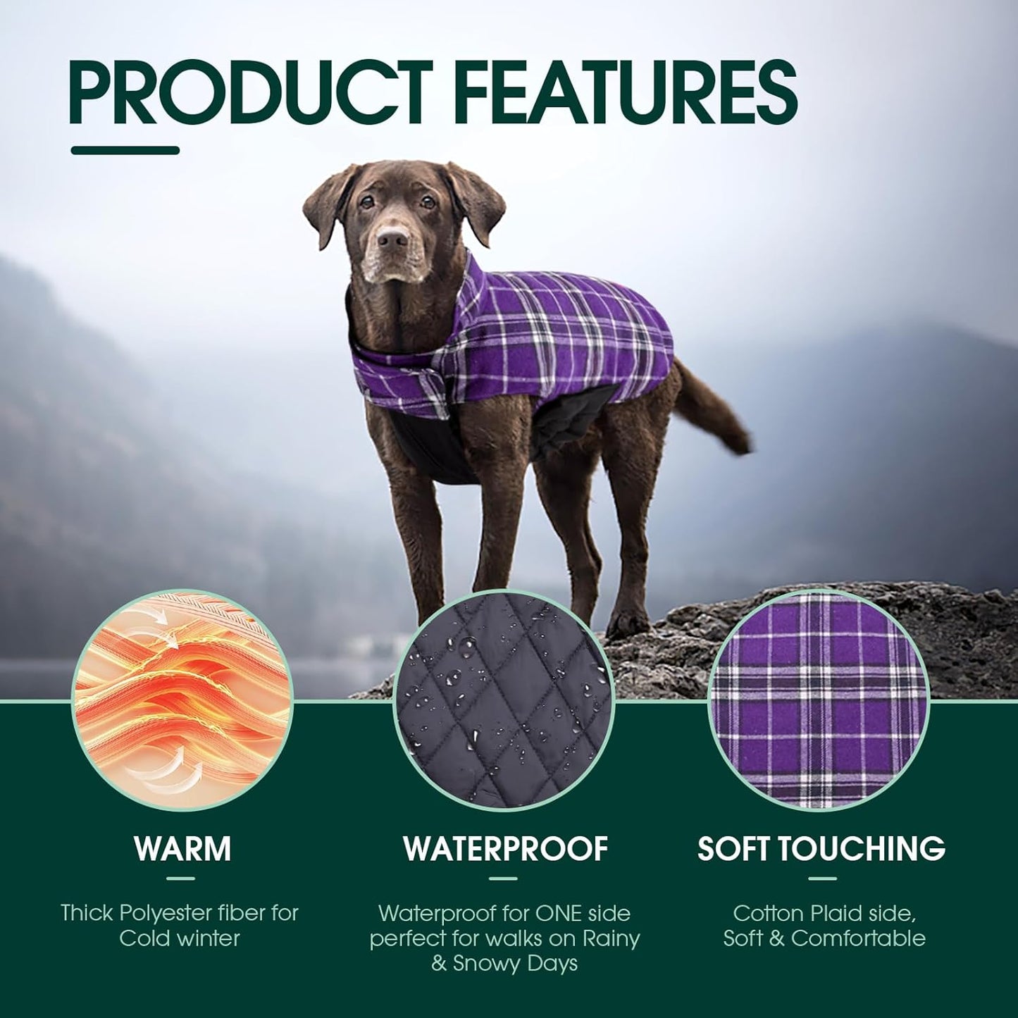 Kuoser Warm Dog Coat, Waterproof Dog Jacket for Extra Large Dogs, Adjustable Durable XXL Doggie Winter Coat Reversible Puppy Cold Weather Apparel from Small to Large Breed, Purple XXL