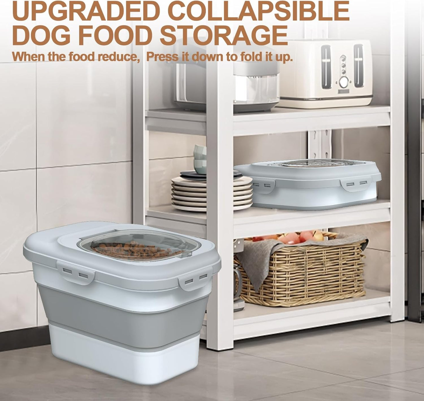 Dog Food Storage Container, 10-13lbs Collapsible Dog Cat Food Containers with Airtight Clear Flip-top and Pet Food Scoop, Pet Food Storage Container Bin for Dog Cat Bird and Other Pets Grey