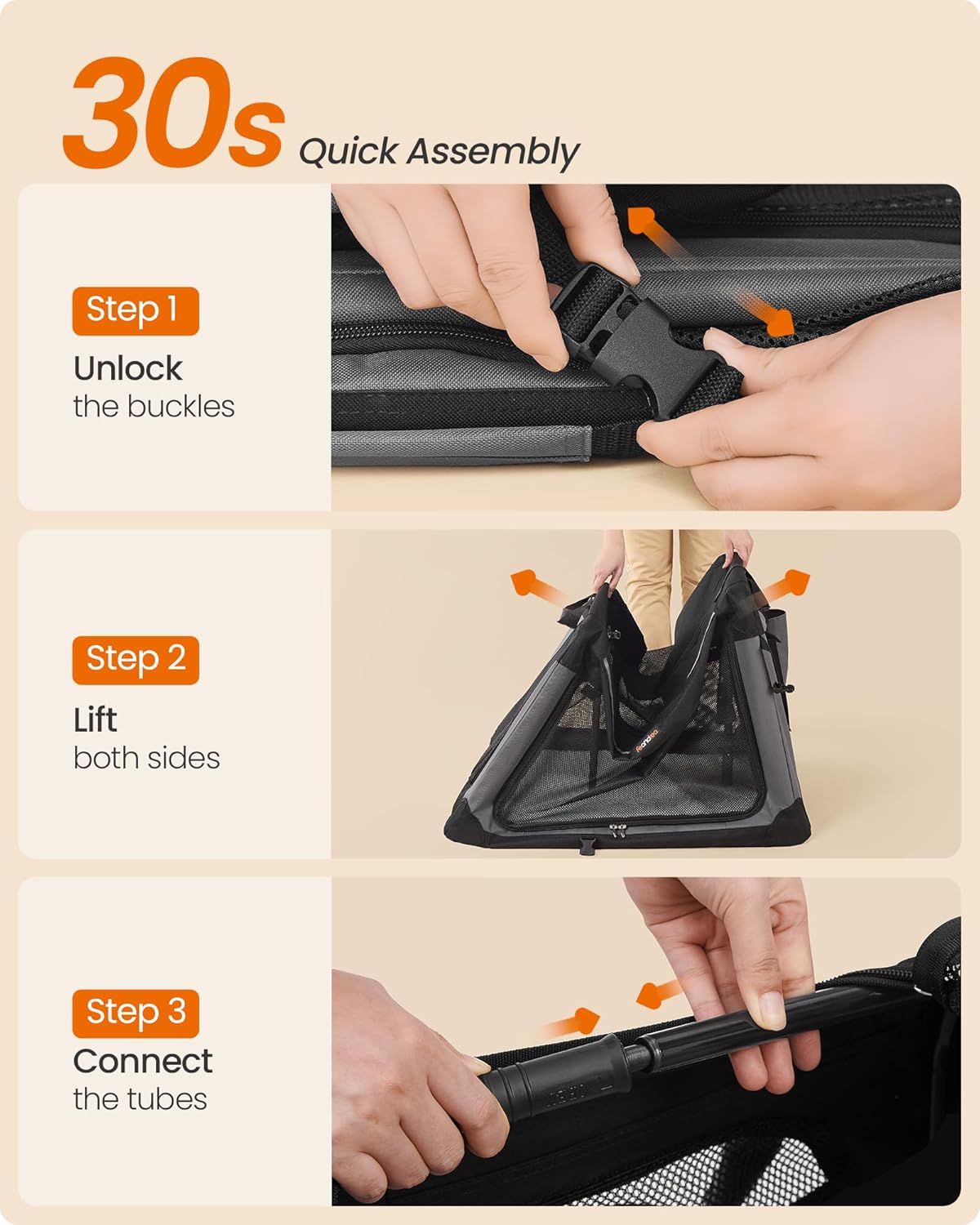 Feandrea Collapsible Dog Crate, 30-Inch Portable Dog Travel Crate for Medium Dogs, Oxford Fabric Pet Carrier with 4 Mesh Doors, Handles, Storage Pocket, Water Bottle Holder, Ink Black UPDC017B01