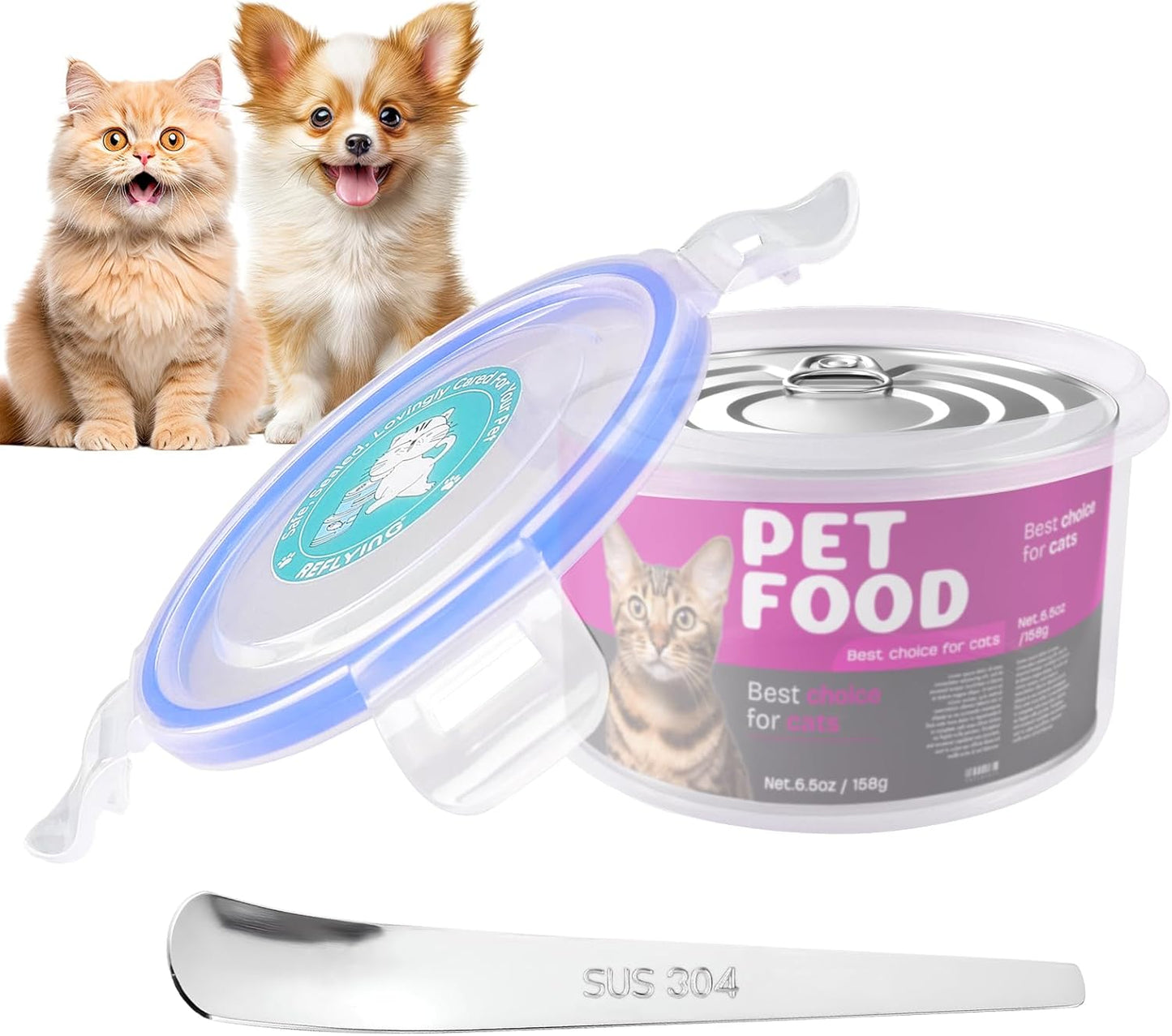REFLYING Canned Cat Food Storage Lids,Reusable Airtight Can Cover Pet Food Sealer - Keeps Cat Food Storage Can Fresh, Cat Food Container Eliminates Odor, Easy To Use With SUS 304 Spoon,Can Opener