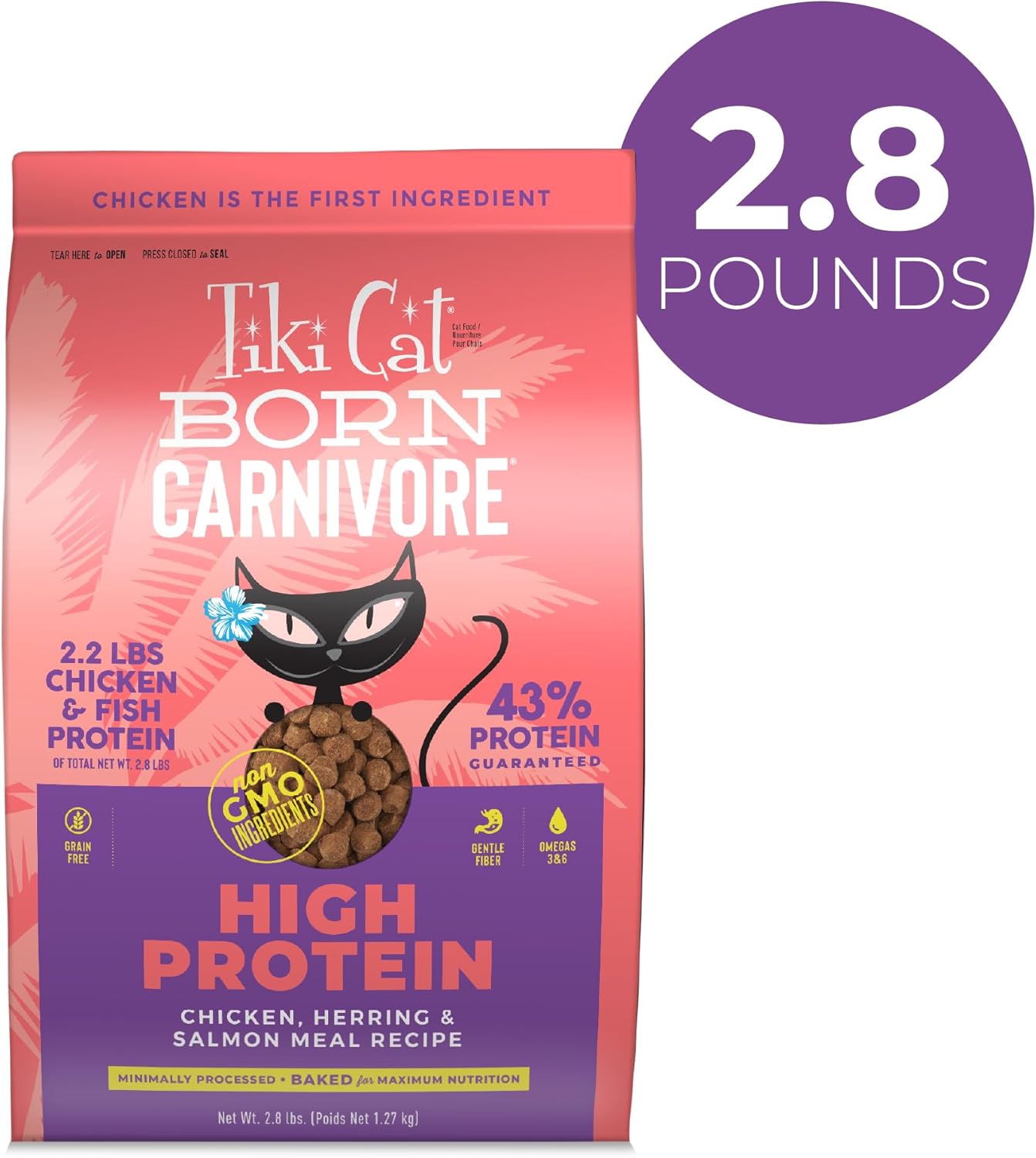 Tiki Cat Born Carnivore High Protein Dry Cat Food, Chicken Herring & Salmon Meal, 2.8 lbs. Bag