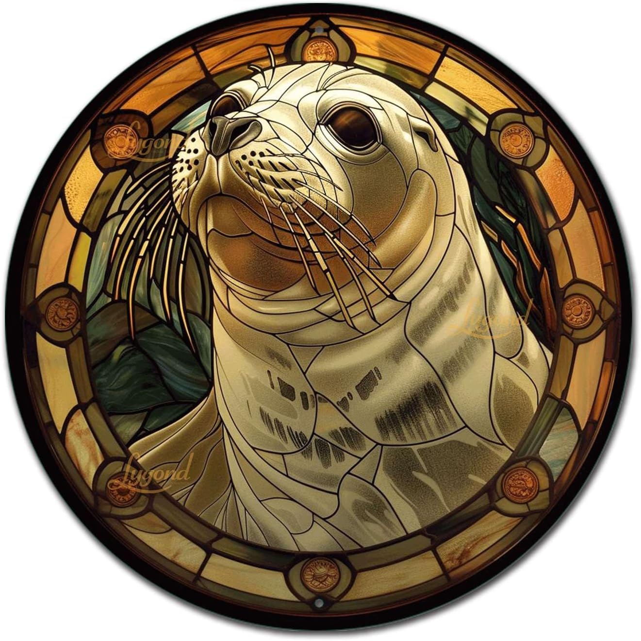 Lygond Metal Sign Tin Sign Circular Stained Glass Harbor Bathroom Signs Decor For Patio 12×12 Inches