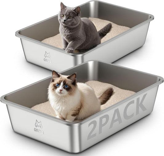 2 Pack Stainless Steel Cat Litter Box, 23.4" L×15.6" W×5.9" H, Metal Kitty Litter Box with High Sided for Big Cats, Non-Stick, Easy to Clean, Odor-Free