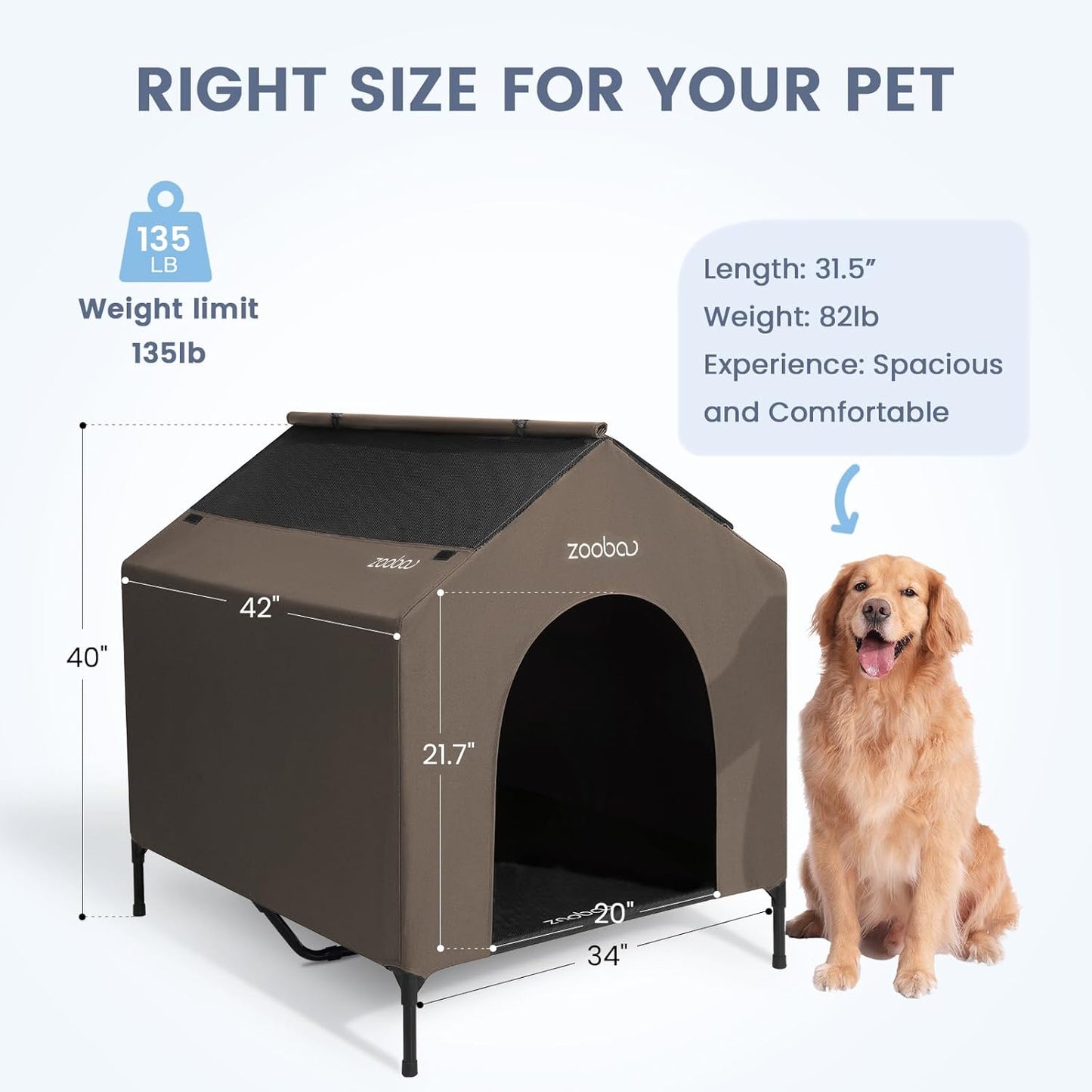42" 2-in-1 Dog House for Medium Dogs, Elevted Dog House Outdoor/Indoor, Puppy Shelter Outside,Water Resistant 600D PVC and Durable 2x1 Textilene Raised Dog Bed(Brown)