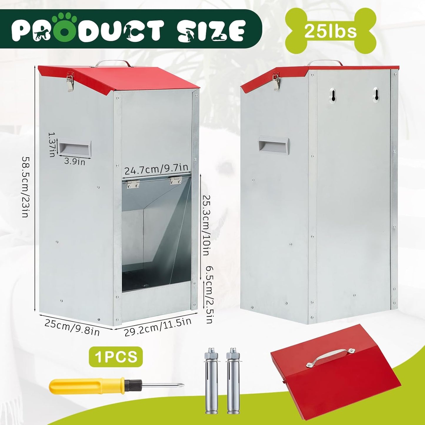 No Installation Large Galvanized Automatic Dog Feeder with Handle 25 Lbs Large Breed Dog Food Dispenser 11.5'' l x 9.8'' W x 23'' H Outdoor Hanging Gravity Food Feeder