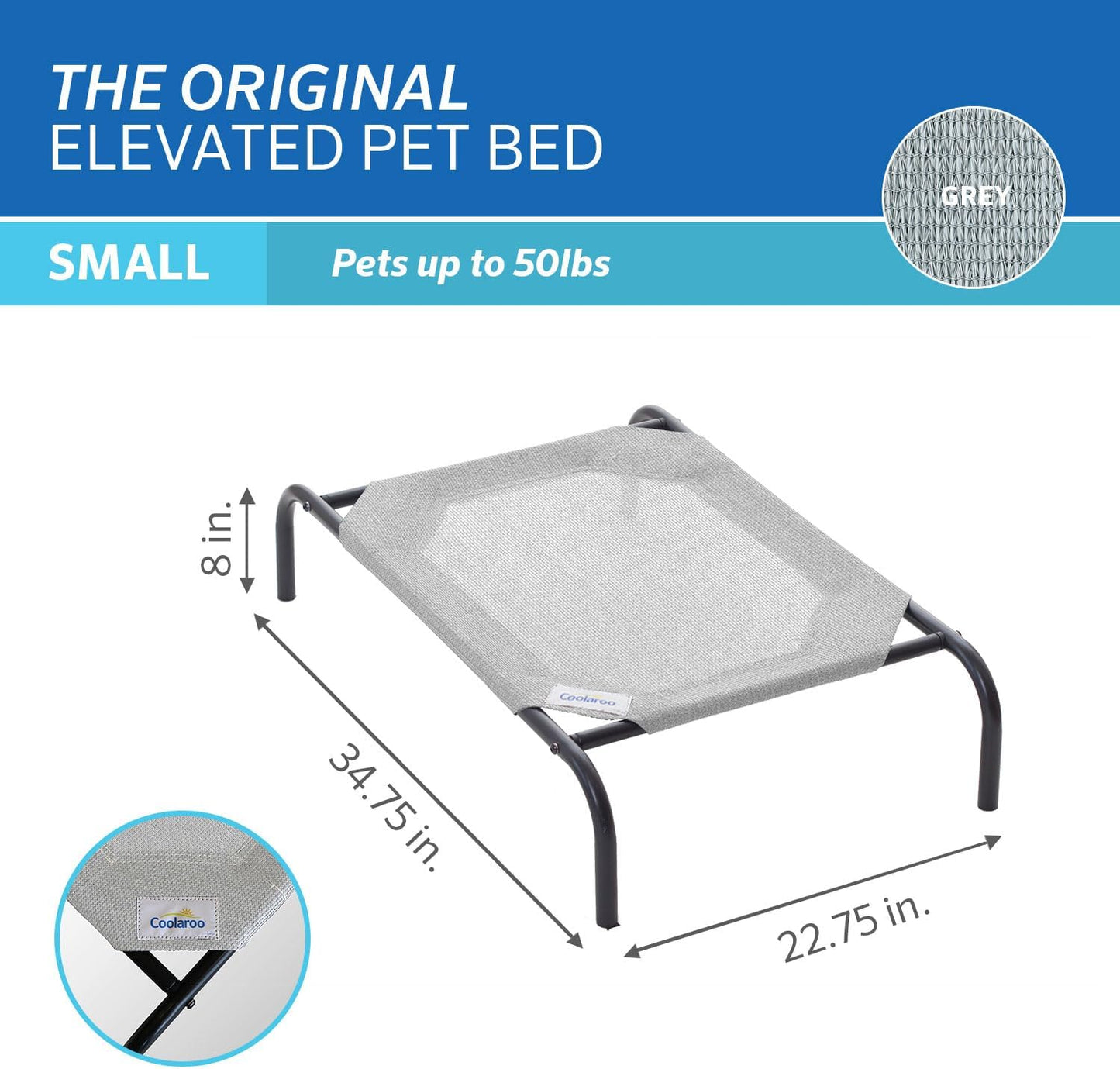 Coolaroo Original Elevated Dog Bed - Breathable Off-The-Ground Pet Bed with Cooling Fabric, Joint Relief & Moisture-Resistant Fabric, 100% Recyclable, Easy Clean, Grey, Small